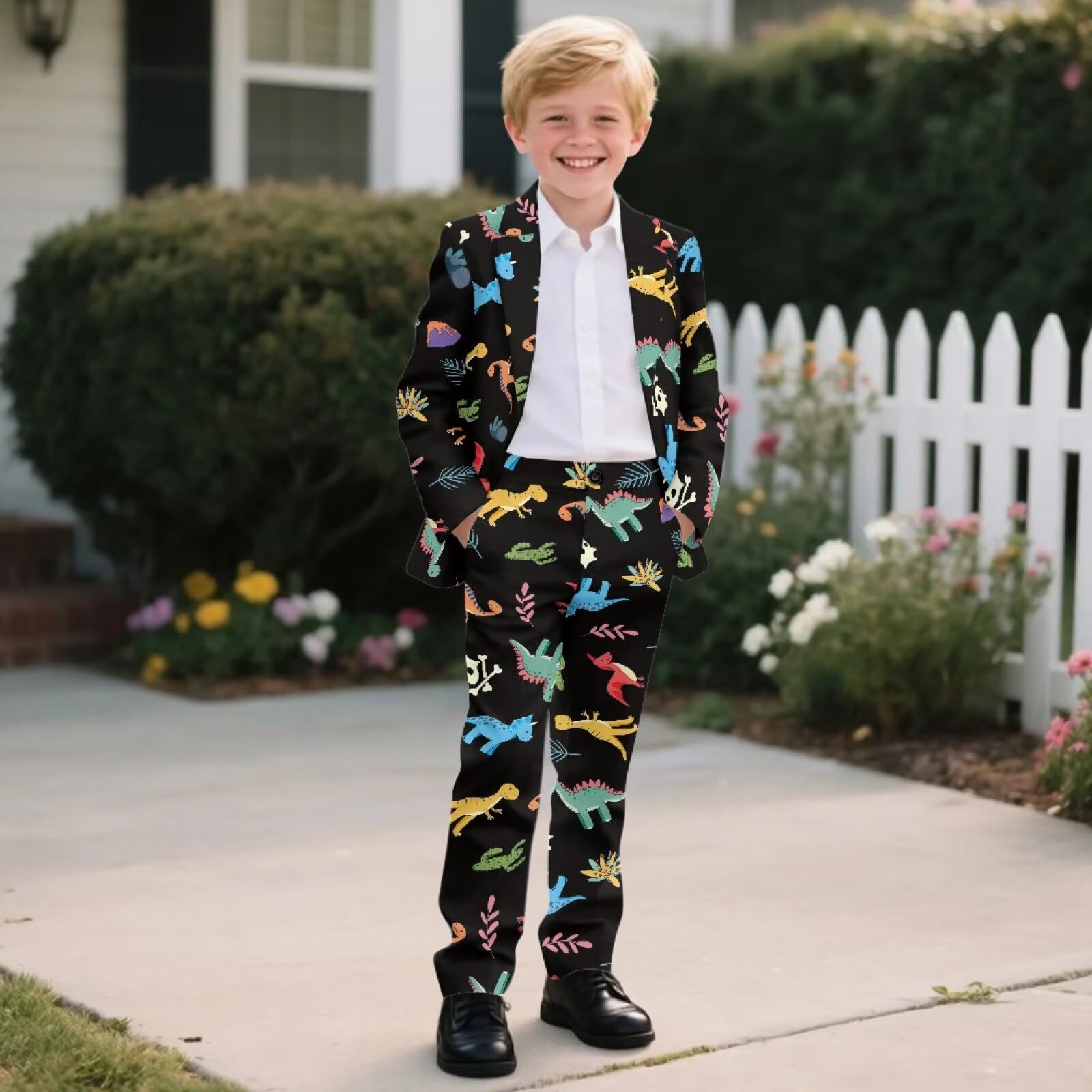 Biyejit 2-teiliges Anzug-Set für Jungen, mit einem Knopf, Blazer und Hose, lässige Smokingjacke, Alter 5–14 Jahre, Dinosaurier, 9-10 Jahre