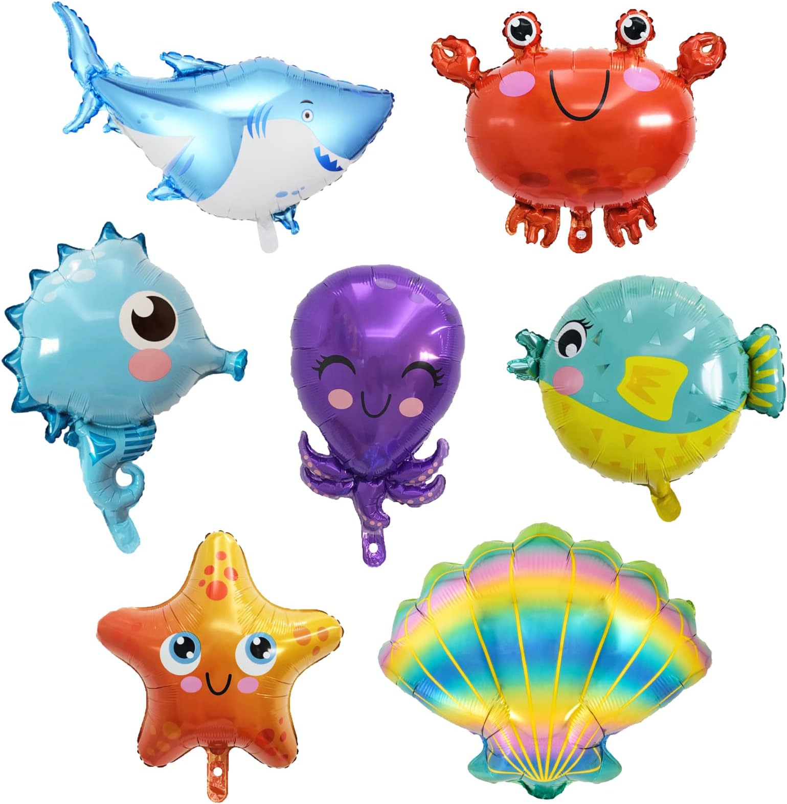 AOT 7Pcs Sea Animals Balloons, Under the Sea Party Decorations Shark Starfish Octopus Crab Seahorse Puffer Fish Scallops Ocean Foil Balloons for Baby Shower Ocean Theme Party Supplies