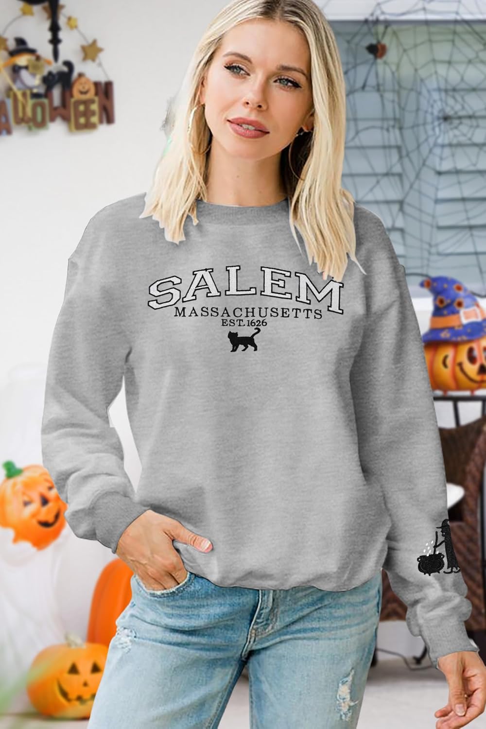 Halloween Sweatshirts Women Embroidered Salem Witch Shirts Salem Massachusetts Spooky Season Long Sleeve Tops Lightgrey - Image 3