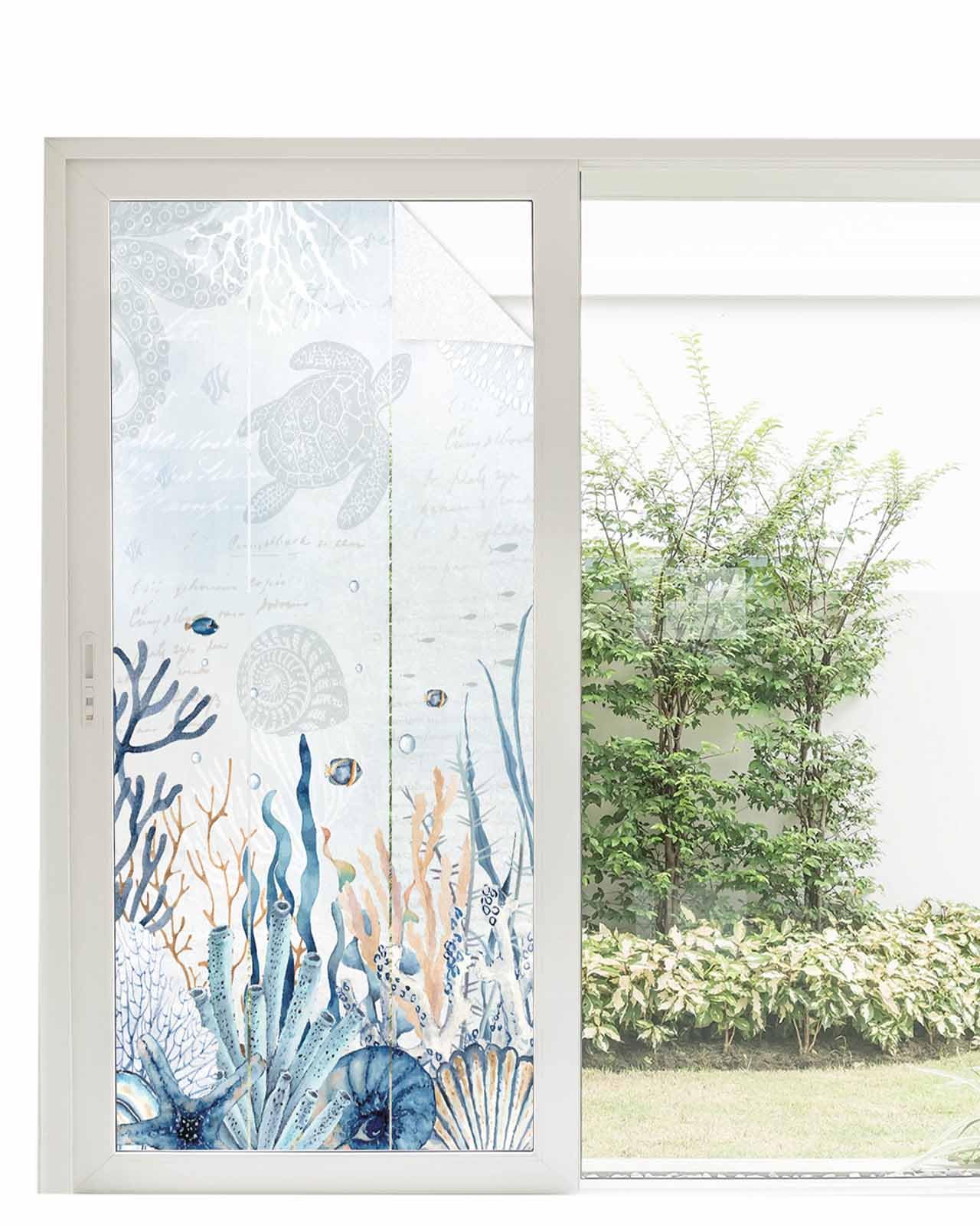 Summer Ocean Blue Stained Glass Window Film - Decorative Vintage Sea Turtle Coral Shell Conch Starfish Window Stickers - 35.4