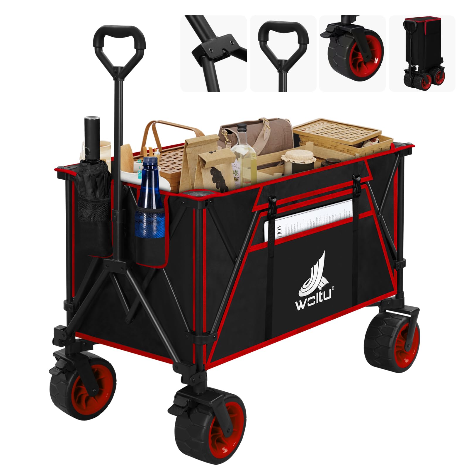 WOLTU Carrello Pieghevole con Ruote da Spiaggia, Giardino, Campeggio, Viaggio, Spesa, con Borsa di Trasporto, Oxford+Acciaio, Nero+Rosso