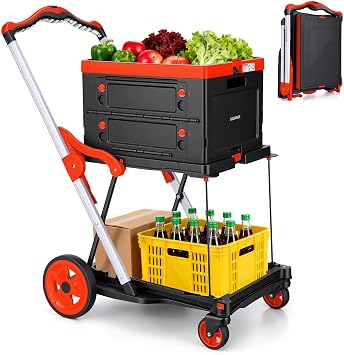 Collapsible Shopping Cart with Storage Crate, Heavy Duty 200lbs Capacity Foldable Grocery Cart on Wheels, Multi-Functional Portable Utility Cart with Swivel Wheels for Office Groceries, Red