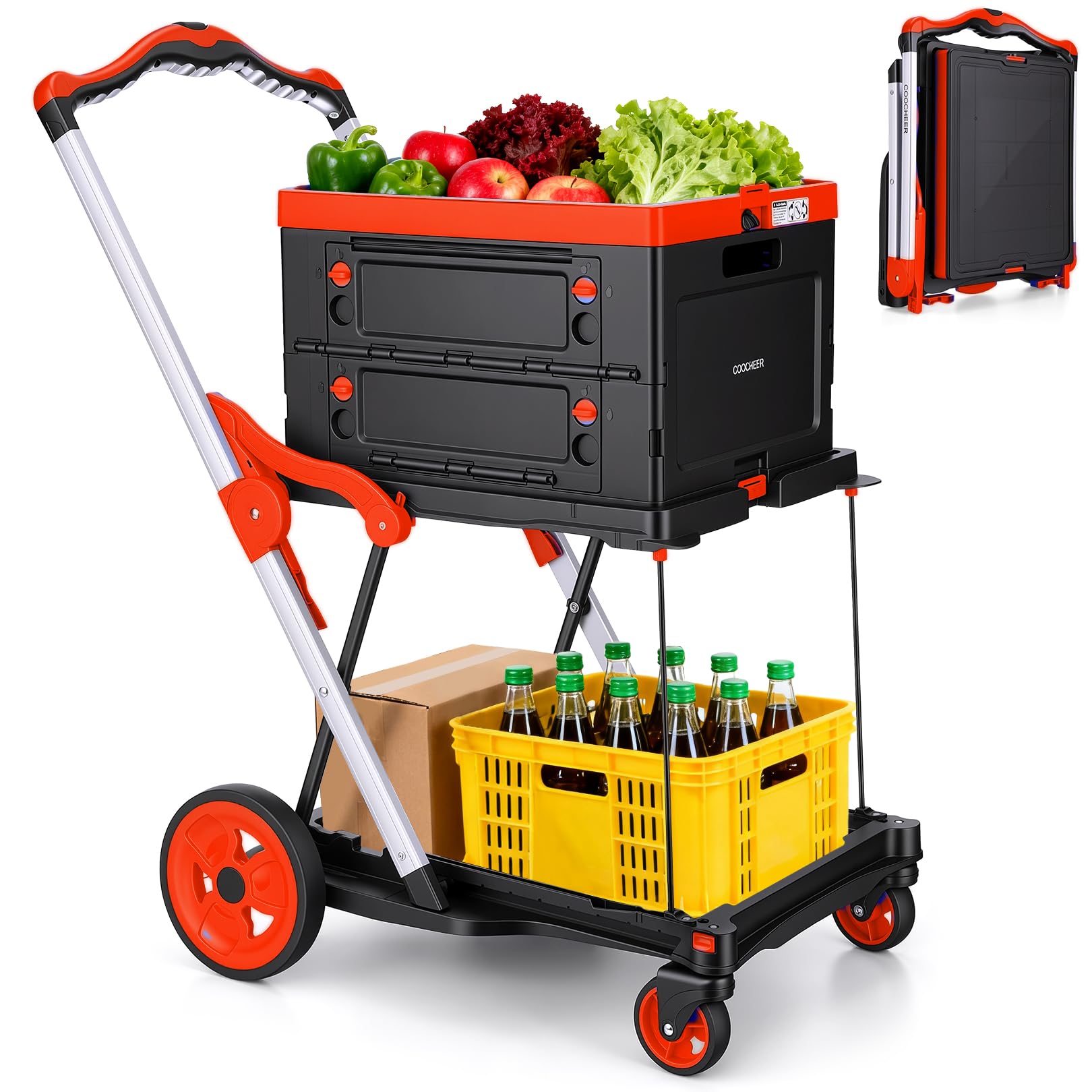 Collapsible Shopping Cart with Crate, Heavy Duty 200lbs Folding Cart, Red