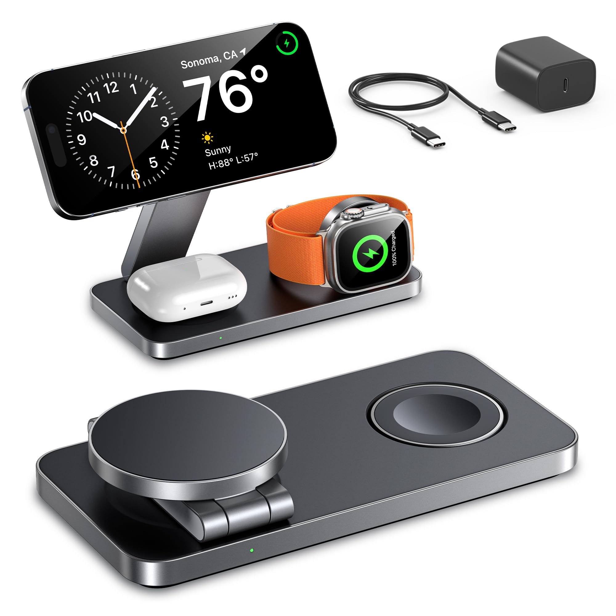 EXW Wireless Charging Station for Apple, Compatible with MagSafe Charger Stand,Foldable Travel Bedside Fast Qi Magnetic Wireless Charger for iPhone 17 Air 16 15 14 13 12 Series,Airpods Pro,Apple Watch