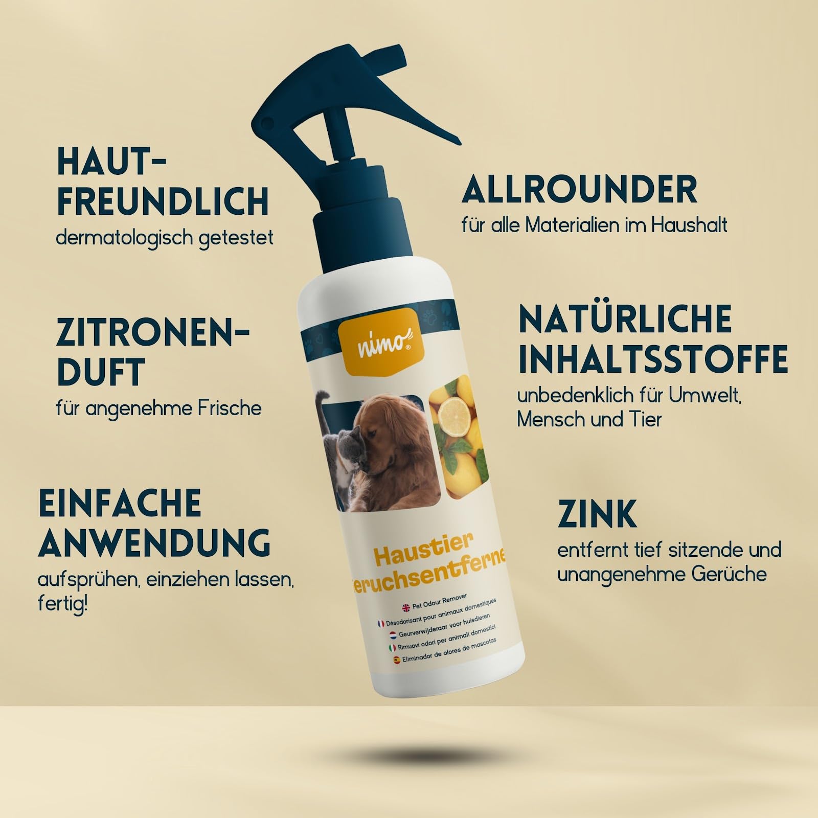 nimo® Środek do usuwania zapachów dla zwierząt domowych | neutralizator zapachów w sprayu przeciwko nieprzyjemnym zapachom | skuteczny środek do usuwania zapachów do całego gospodarstwa domowego |