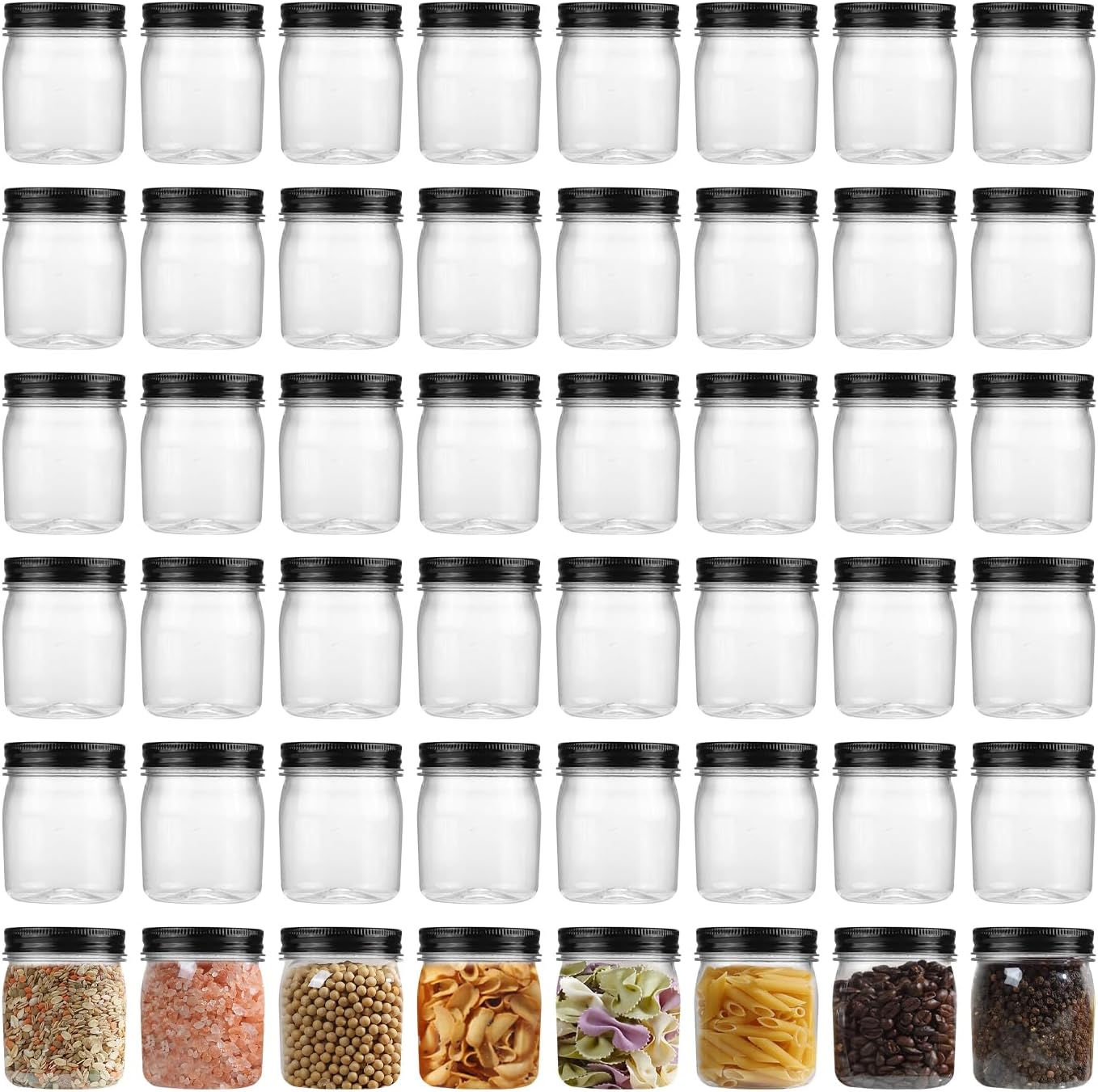 novelinks Plastic Jars With Lids 48Pcs 8 oz Mason Jars Food Storage for Milkshakes Juice Nuts Cupcakes (Black, 48 Pack 8 Ounce)