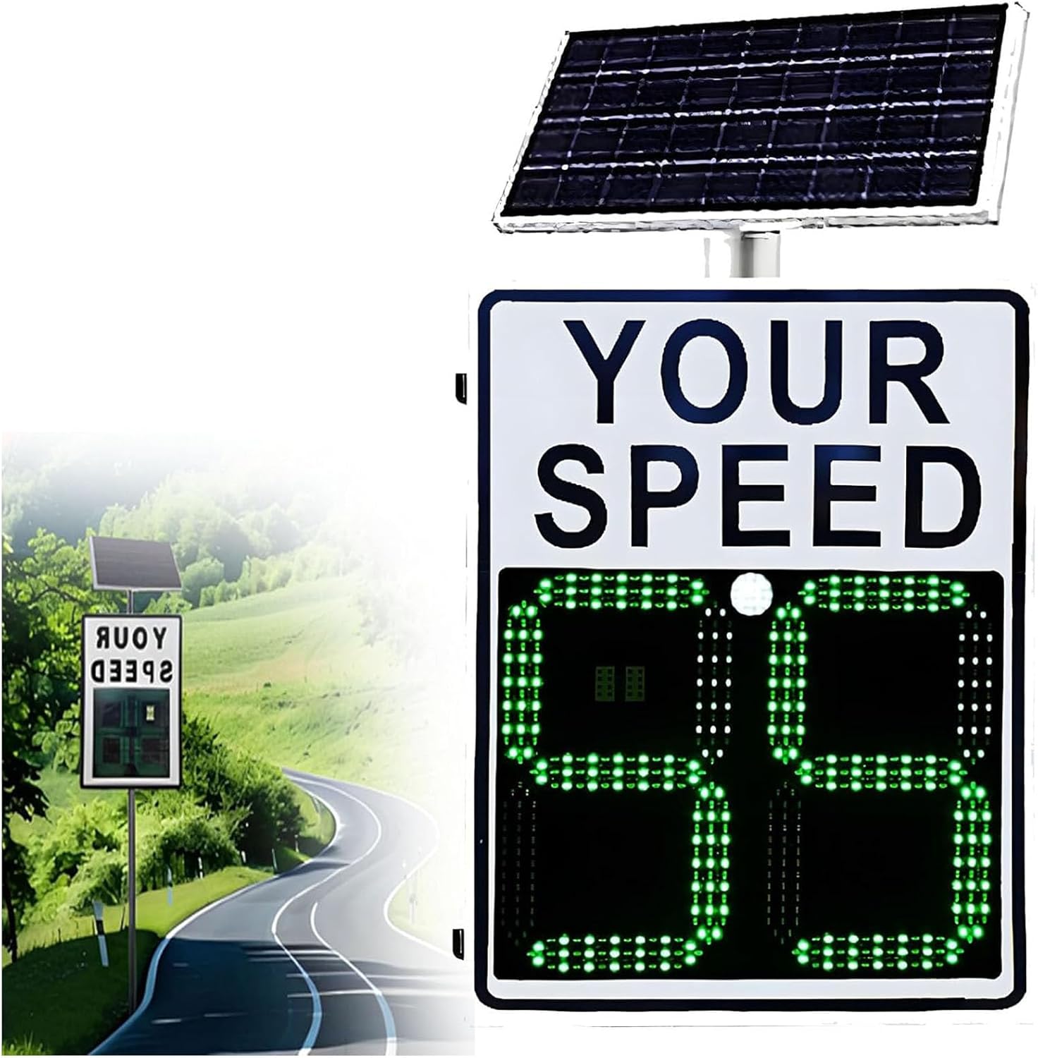 Radar Solar de Velocidad,Wireless Solar Speed Tracker,Led Speed Display Sign,For Road,Street Traffic Safety Signage, 24"X35",White