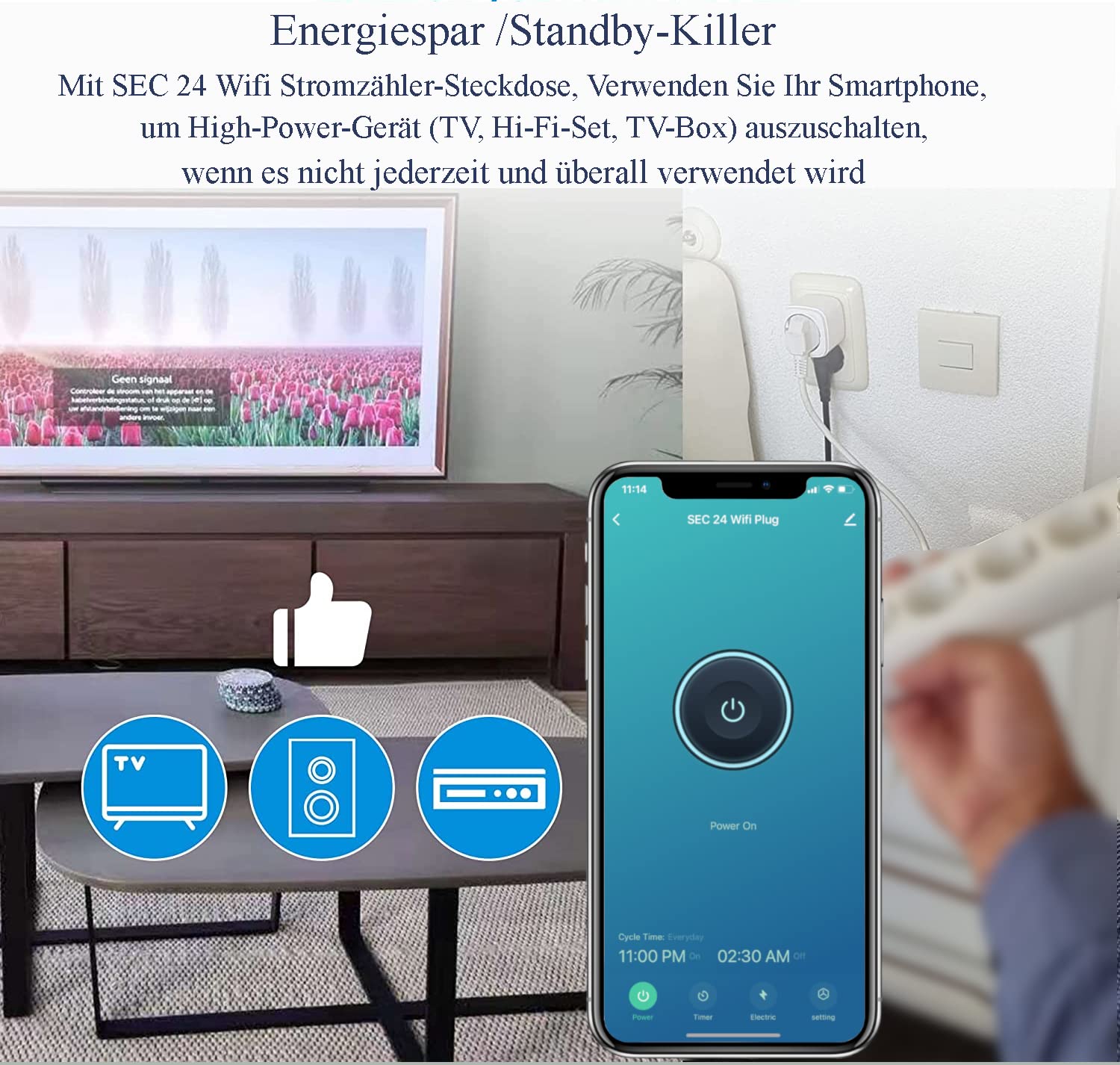 Timer intelligente WLAN, presa SEC 24 Alexa con contatore di corrente per prese, controllo vocale con Alexa e Google Assistant, controllo remoto app. Timer/programmazione, misuratore di corrente.