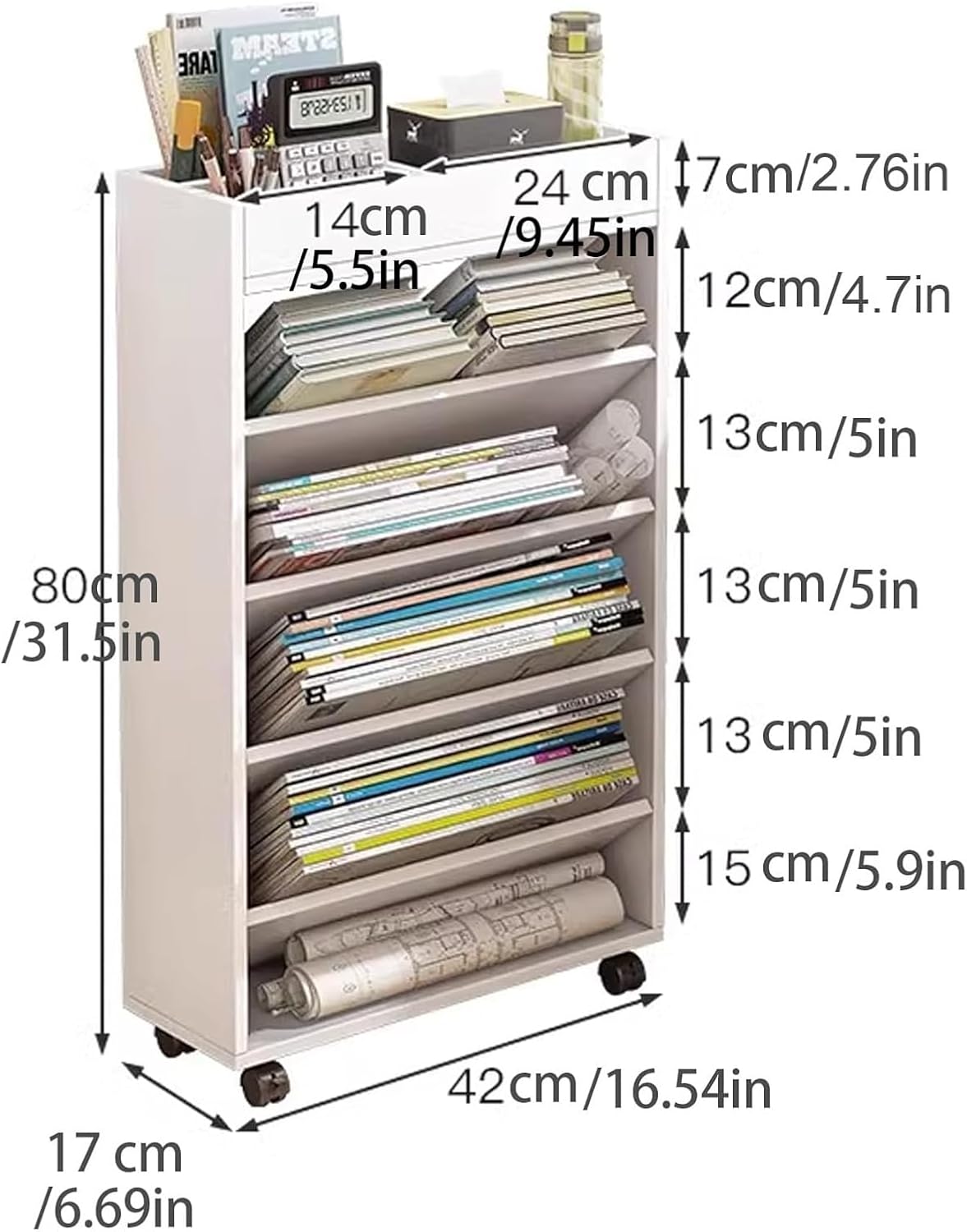 Mobile Bookshelf,Multi-Tier Rolling Wooden Book Cart - Mobile Bookshelf on Wheels for Office & Home, Vertical Storage Orga for Books, Magazines, and Decor, Stylish & Functional