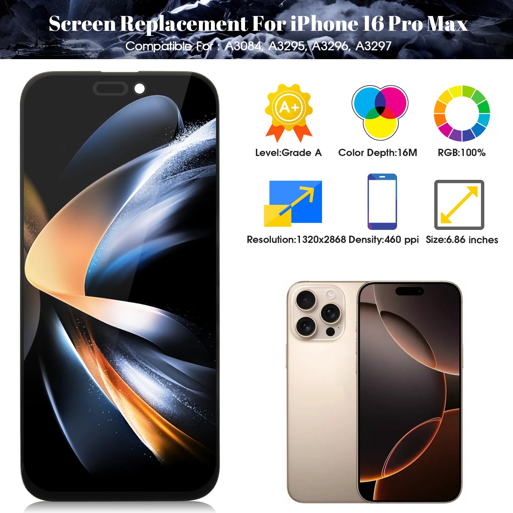 SRJTEK Incell - Pantalla LCD para iPhone 16 Pro Max para iPhone 16 Pro Max A3296, A3084, A3295, A3297, pantalla táctil digitalizadora (negro)