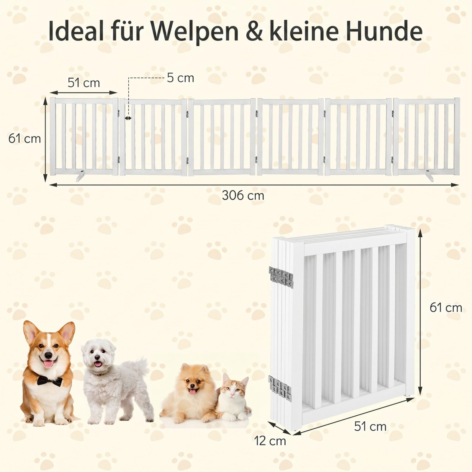 COSTWAY Absperrgitter Hunde 60cm Hoch, Schutzgitter Holz, Kindergitter klappbar, Treppengitter Hundeabsperrgitter flexibel Türschutzgitter (6 Paneelen, Weiß)