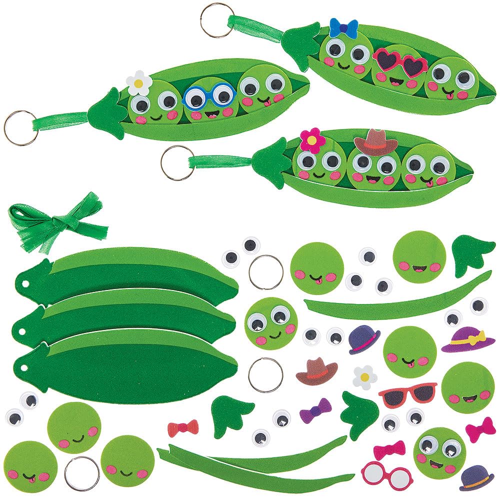 Baker Ross FN590 Peas in a Pod Bag Dangler & Keyring Kits – Pack of 6, Fun Craft Sets for Kids, Perfect for Gifts and Personalising Bags