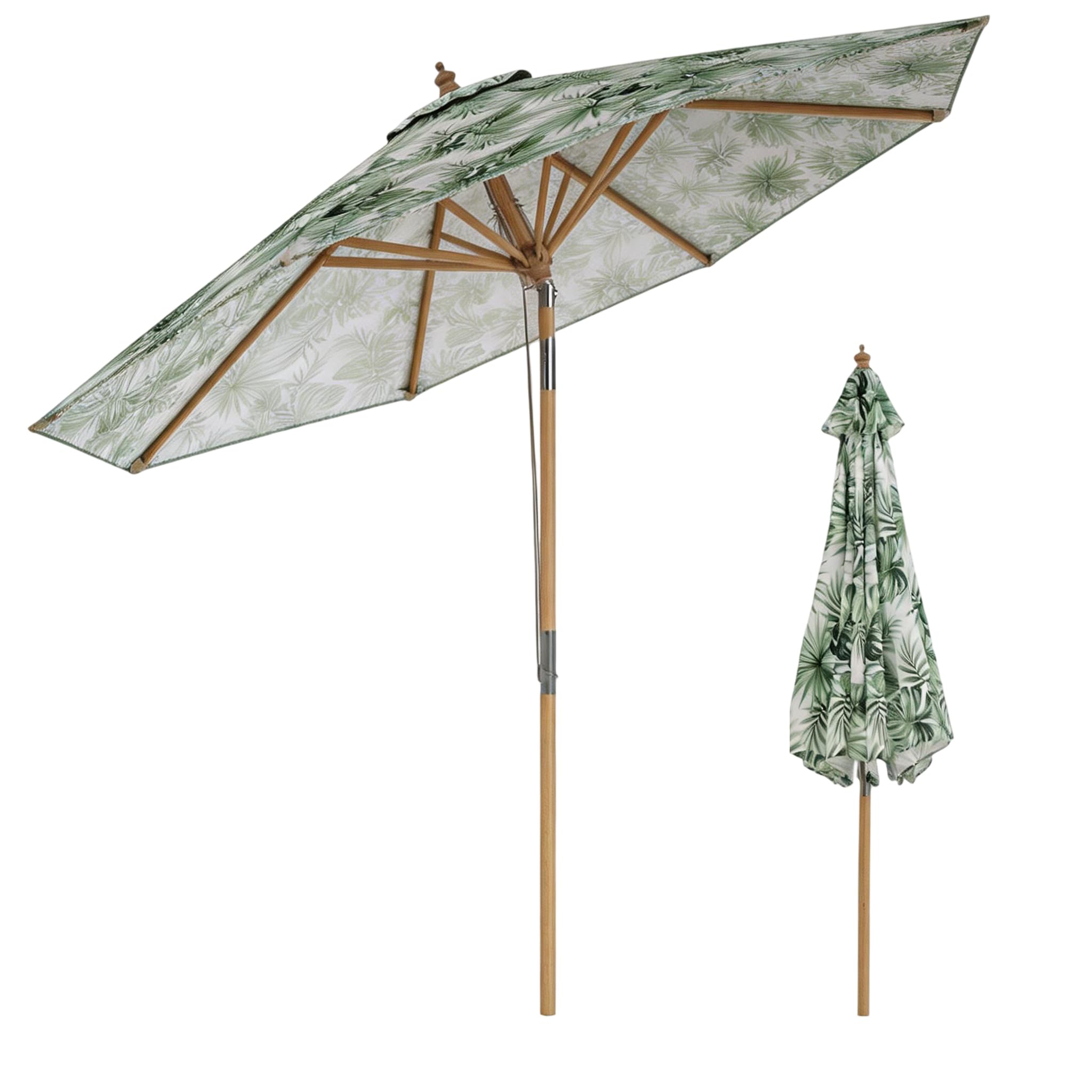 TANGZON 2.7M Garden Parasol Umbrella, Bamboo Umbrella with Push Button Tilt, Pulley Rope Lift, Vented Top, 8 Sturdy Ribs, Outdoor Height Adjustable Sun Shade for Garden, Yard, Pool, Green Leaves