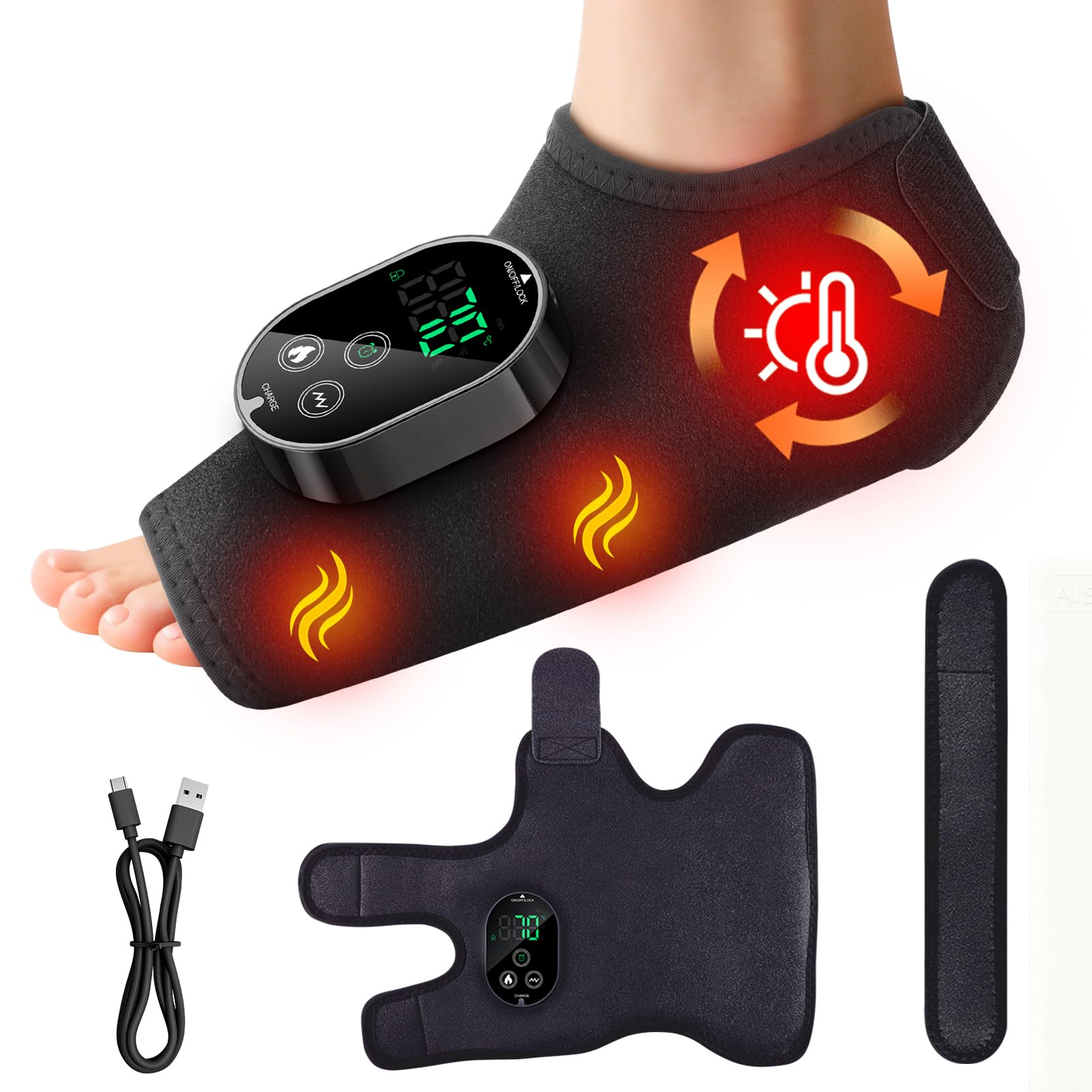 Masajeador de pies 3 en 1, masajeador de tobillo, inalámbrico, con 3 modos de vibración, 6 niveles de calor y temporizador, recargable, masajeador eléctrico para tobillo, talón, planta del pie, color