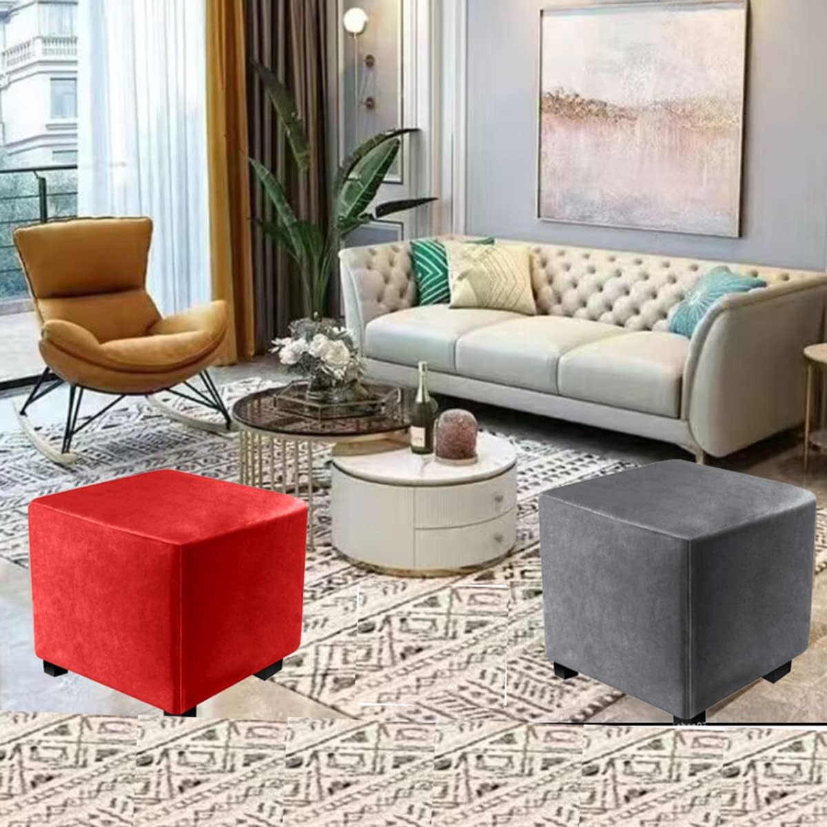 Stretch Ottoman Covers Slipcovers Square Large Medium Velvet Ottoman Cover Square Stretch Small Footstool Cover Protector Pouffe Covers, for Square Storage Ottomans,Gray Blue,60x60cm(24x24in)