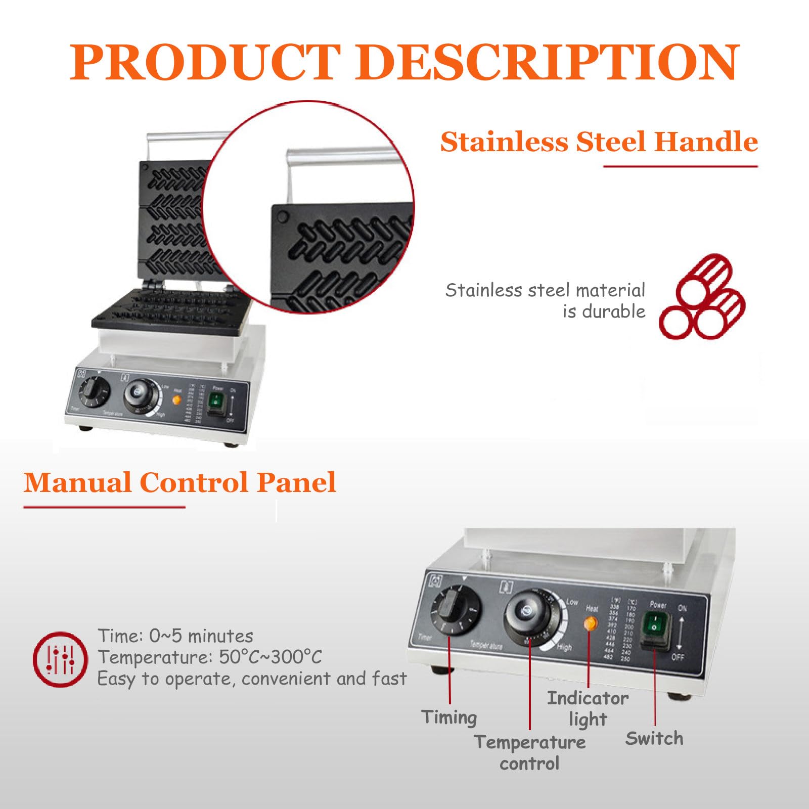 MáQuina Para Hacer Gofres Belgas En Forma De Palito, MáQuina Para Hacer Gofres Comerciales Con Forma De 4 Espigas Y Mango De Tacto FríO, Revestimiento Antiadherente Para PanaderíAs,220V