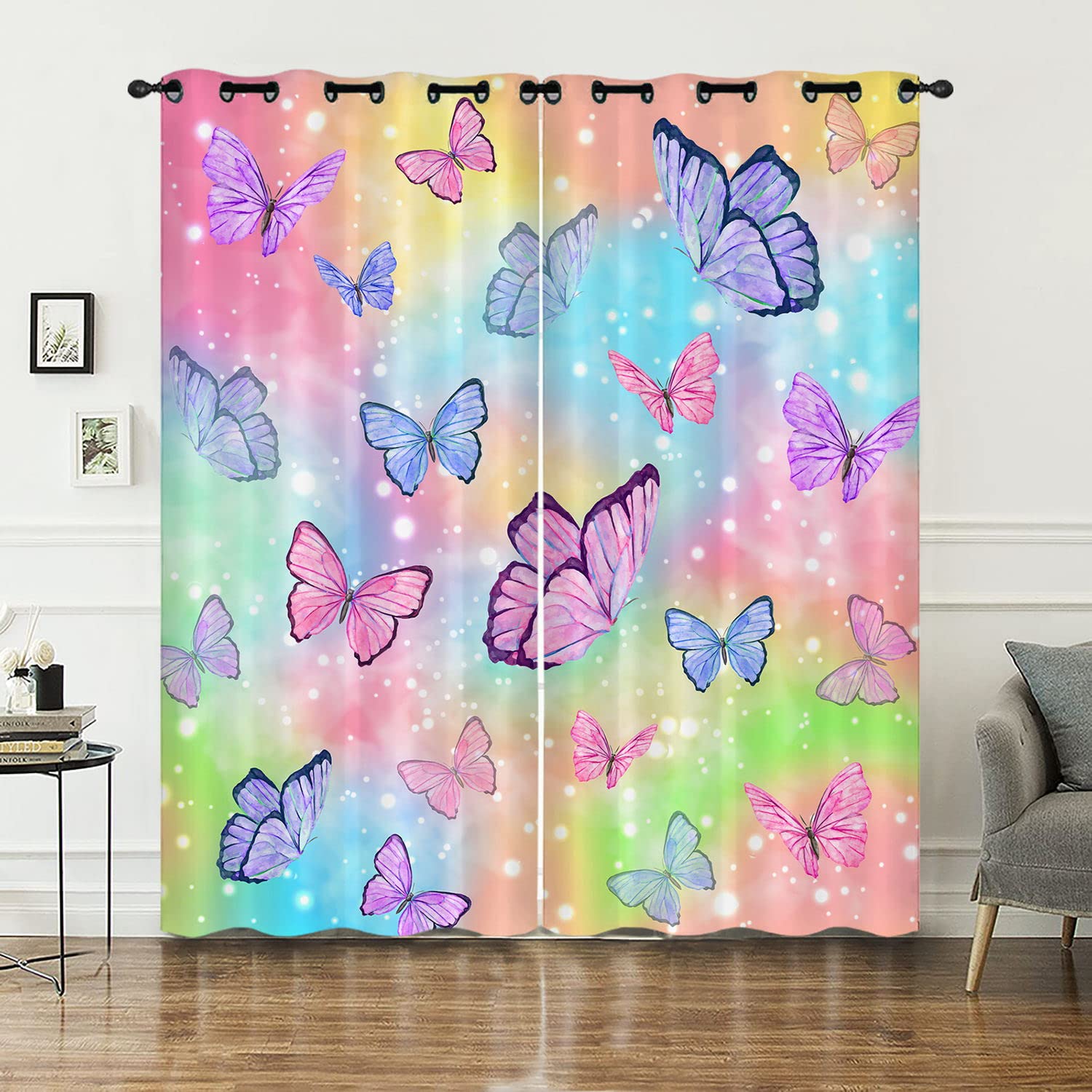 HOSIMA Curtains Blackout Eyelet for Boys and Girls Soft Breathable Butterfly Print Curtains 2-piece Set Suitable for Young People's Bedroom Living Room Decoration(Butterfly,117x137)
