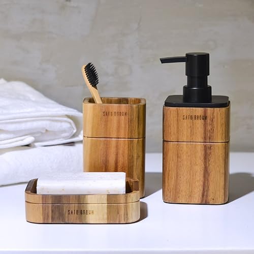 Miniatura 2 de Juego de accesorios de baño de bambú, accesorios de baño de madera de bambú, incluye dispensador de jabón de bambú, vaso, jabonera, con base de