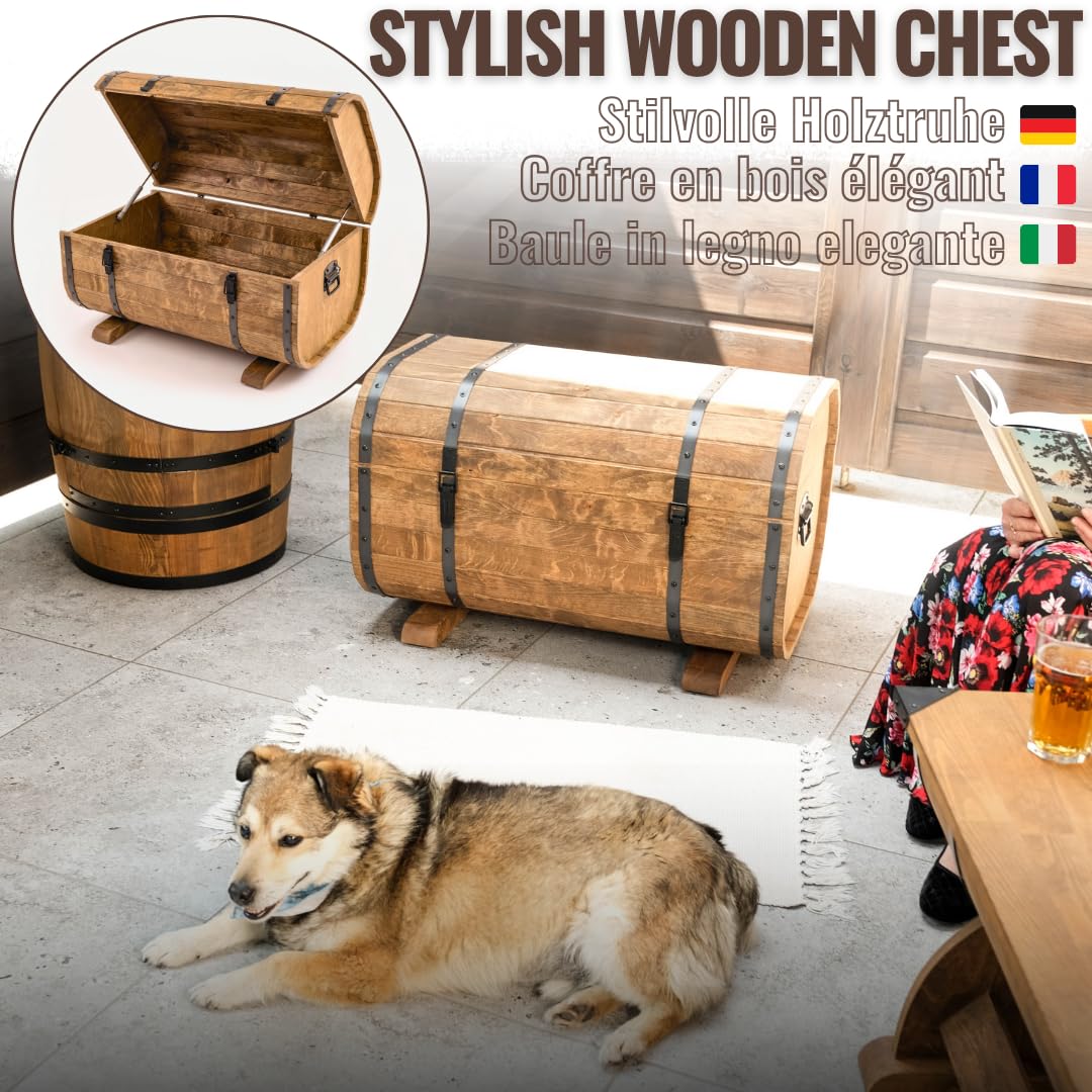 CREATIVE COOPER Holztruhe 180L – Rustikale Aufbewahrungskiste aus geöltem Erlenholz – Fass-Design – Für Innen & Außen – 80x50x50 cm