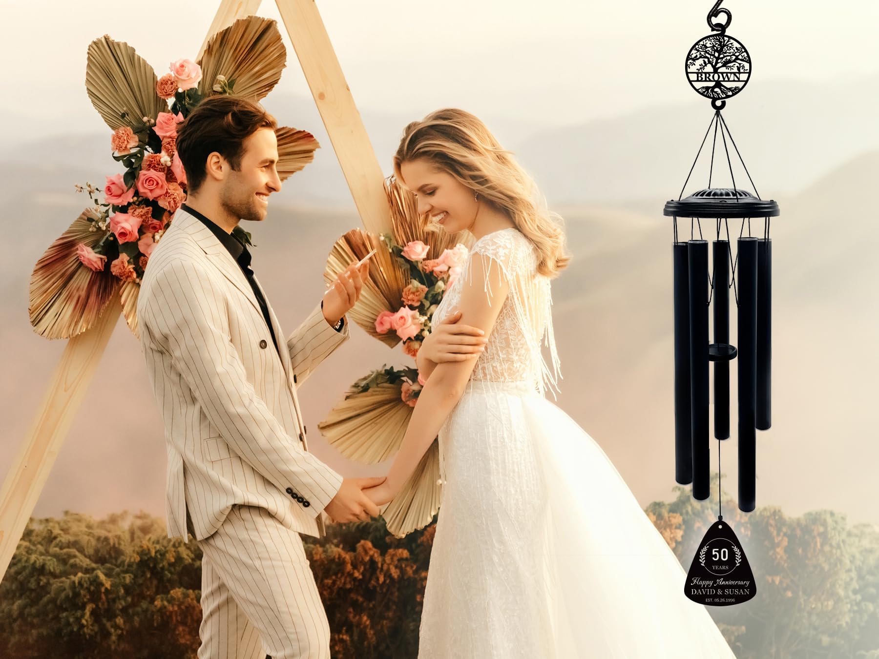 Personalized Anniversary Wind Chime Gift with Laser Cut Metal Signs, 60th/50th/40th/30th/25th/20th/10/5 Anniversary Wedding Gift for Couple, Custom Anniversary Wind Chime Gifts for Him For Her