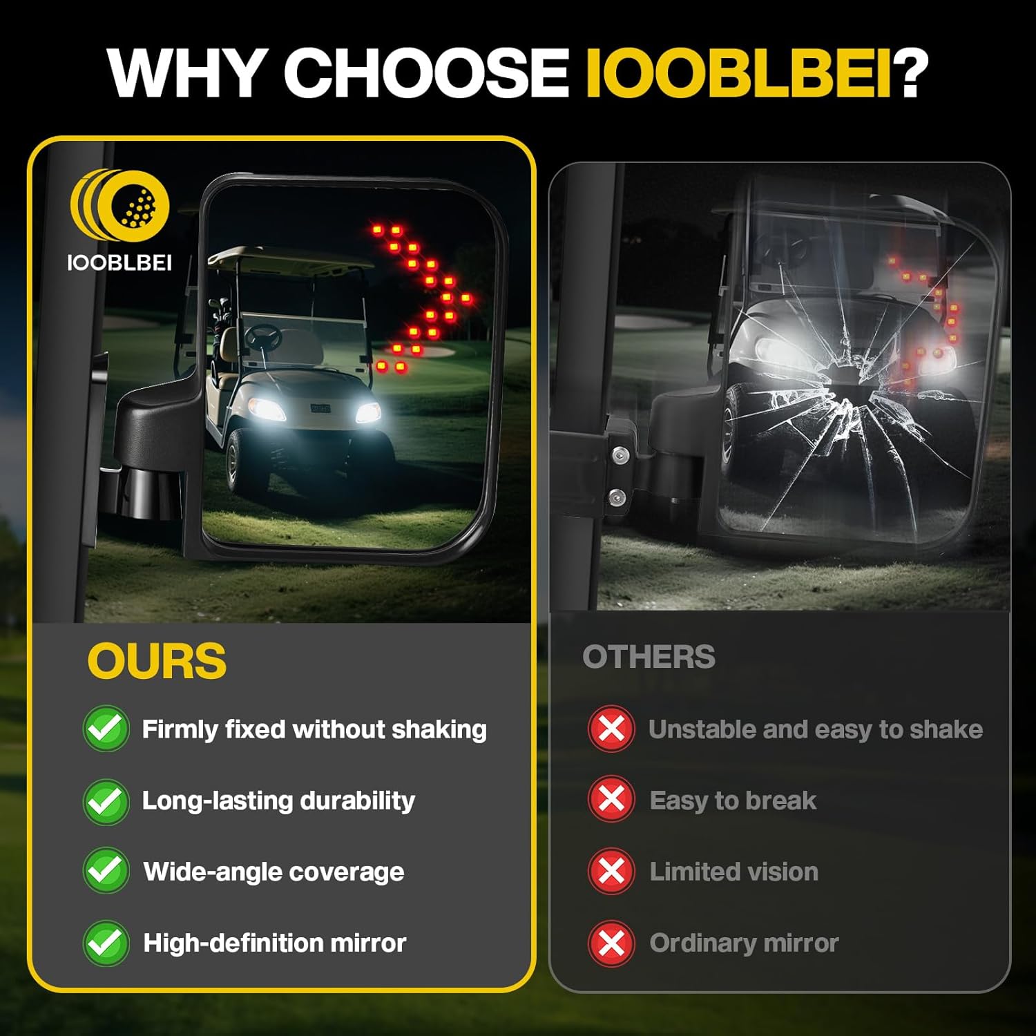 Golf Cart Rear View Mirrors, Square Tube Golf Cart Roof Bracket Side Mirrors with Turn Signal Lights, Folding Mirrors for Club Car EZGO Yamaha Kandi, Collision Protection, Street Legal