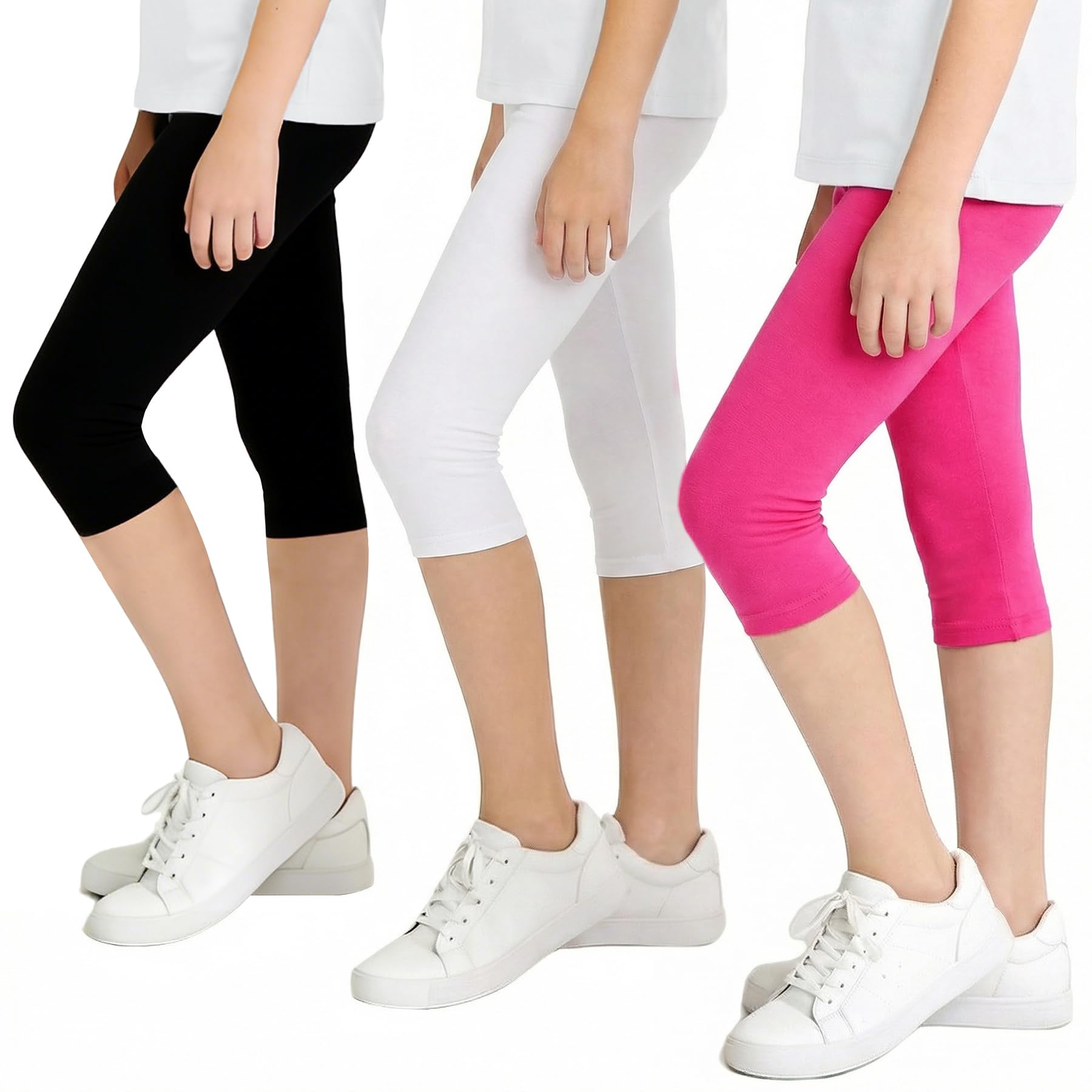 JinBei Leggings Niña Mallas 3/4 Pantalones Algodón Cortos Capri Pantalón Verano Transpirable Cintura Elástica Ciclismo Danza Deportivos Unicolor Infantiles Legging Pack de 3 para 6-13 años — view 8