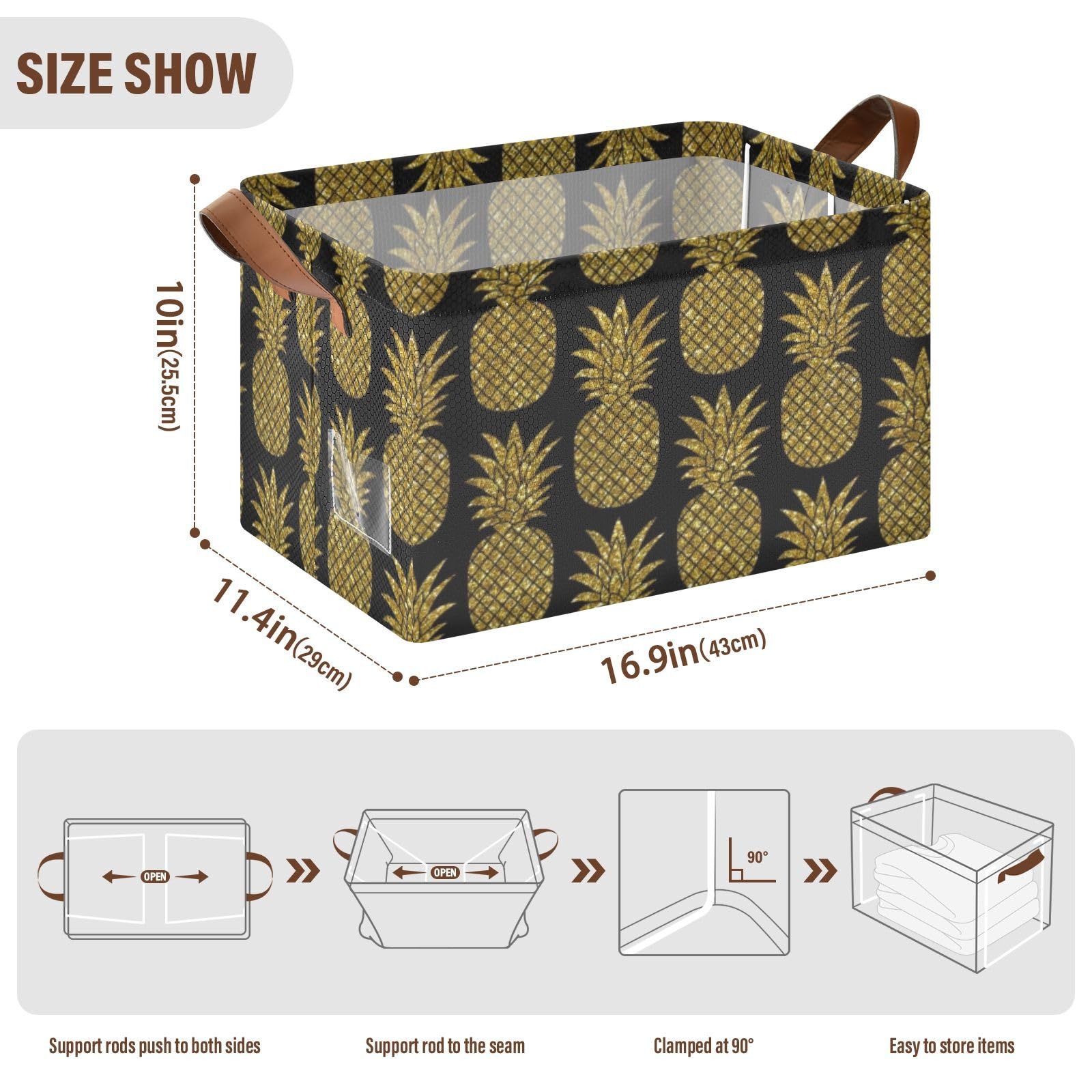 Seamless Pattern with Gold Glitter Pineapples on Black 2PC Rectangle Foldable Frame Basket Leather Handles Storage Bin for Laundry Bathroom Organizer M 16.9 x 11.4 x 10 inch