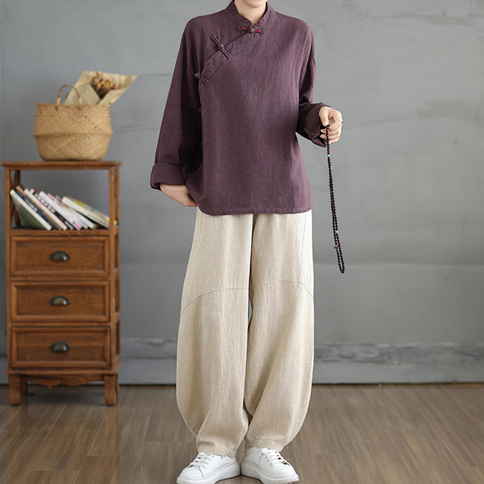 Damen Kung-Fu-Anzug aus Baumwolle und Leinen, Chinesische Kampfkunst-Uniform, Meditationsanzug, Langärmeliges Hemd und Hose,Purple-L