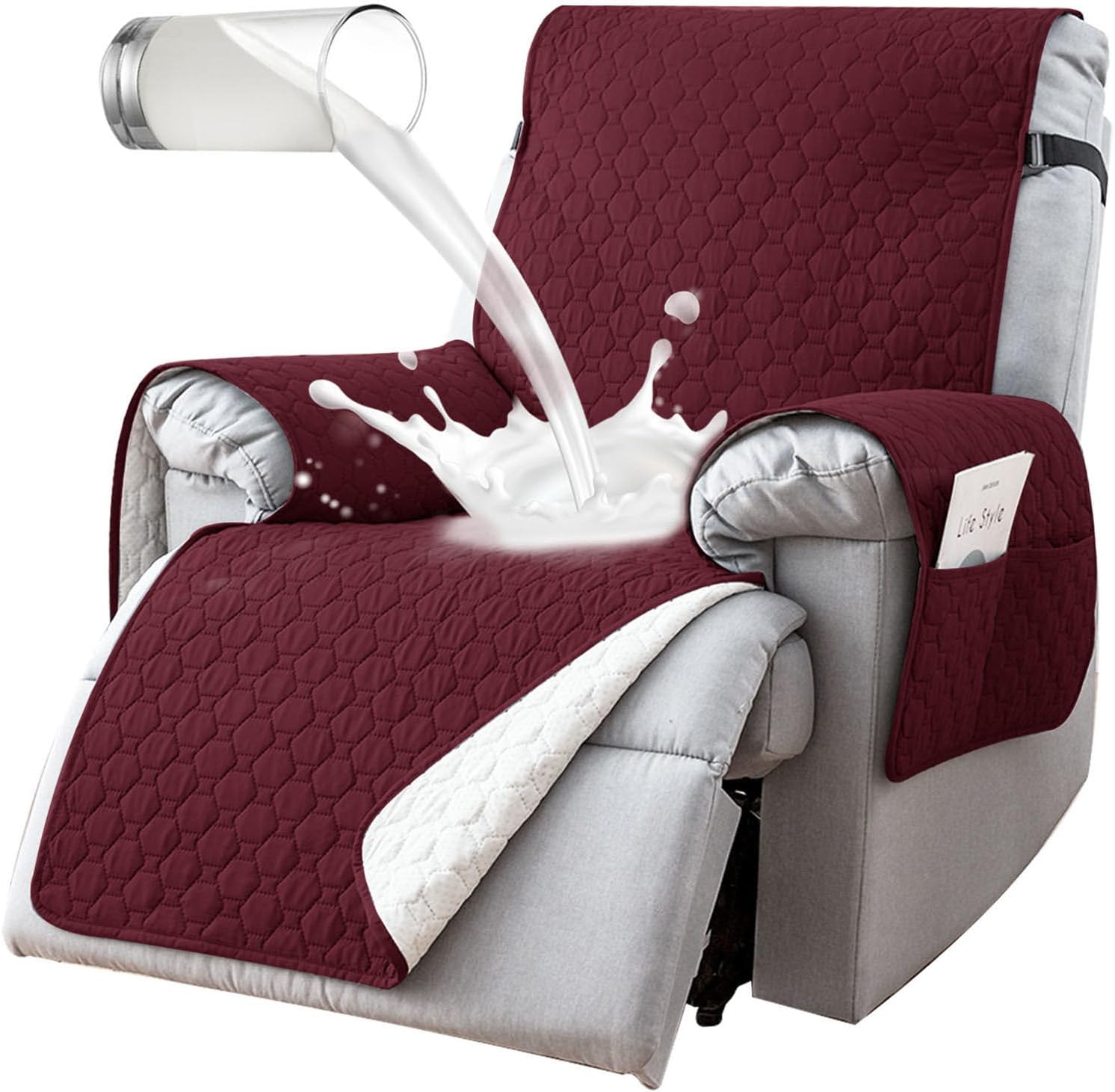 100% Waterproof Recliner Covers for Small Recliners, Anti-Slip Recliner Chair Covers with 5 Pockets, Elastic Straps, Washable Reclining Protector for Kids, Pets, Dogs, Red