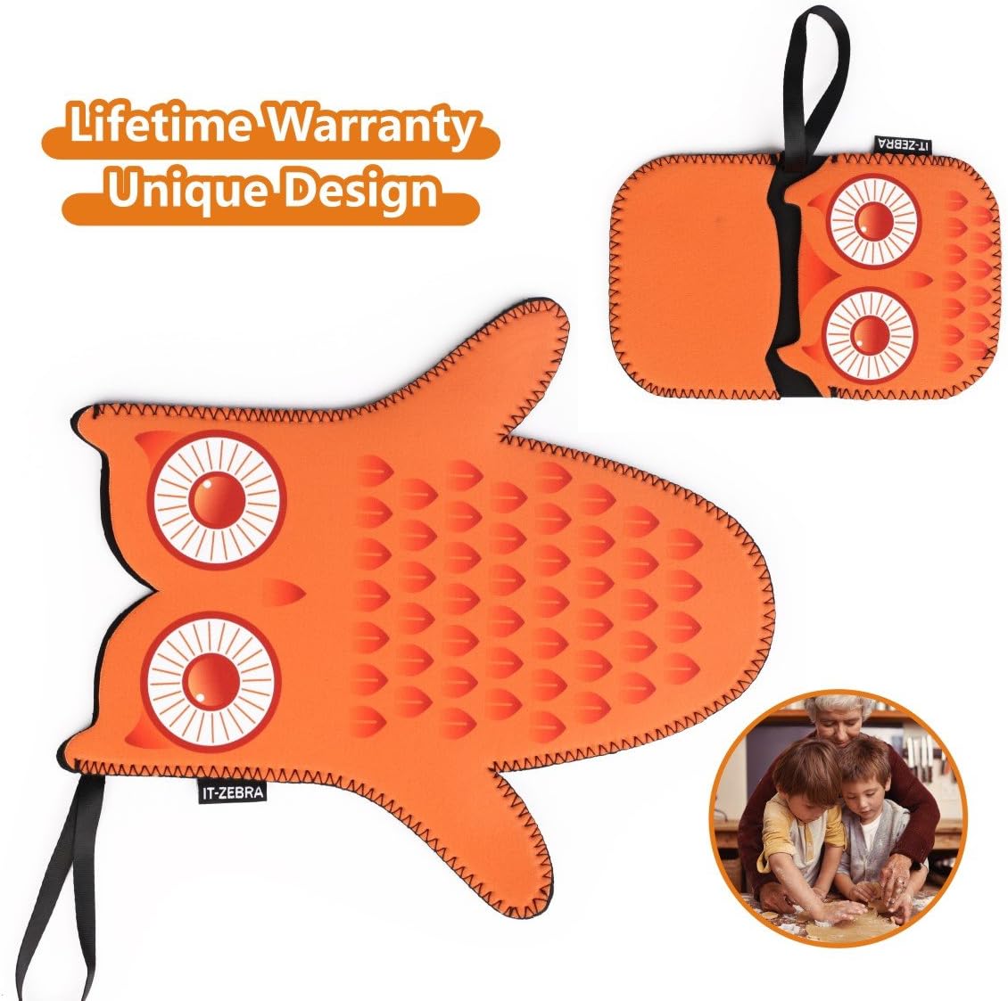 Kitchen Oven Mitts Gloves Cute Pot Holder Gift Set – Non Slip Funny Flame Retardant Play Heat Resistant Machine Washable Neoprene Made for Baking Cooking Grilling Barbecue (Set of 2) – Orange Owl