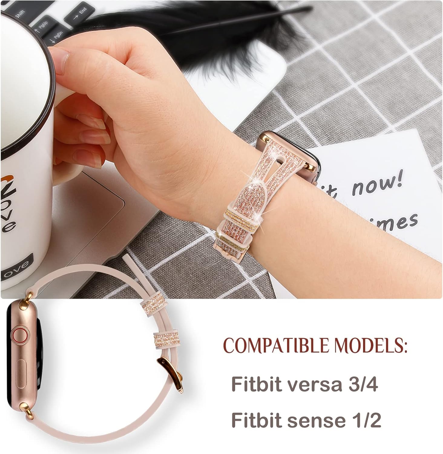 Bling Thin Band for Fitbit Sense/Fitbit Versa Bands for Women - Silicone Glitter Strap Accessories Compatible with Fitbit Sense 2/Versa 4 (Rose Gold) - Image 5