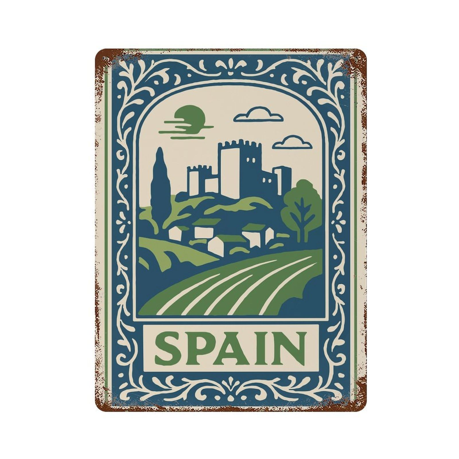 Rust Effect Spain Landscape Illustration Rustic Tin Plaque 15.7"x11.8", Classic Wall Plaque for Shed, Workshop And Garage Wall Decor