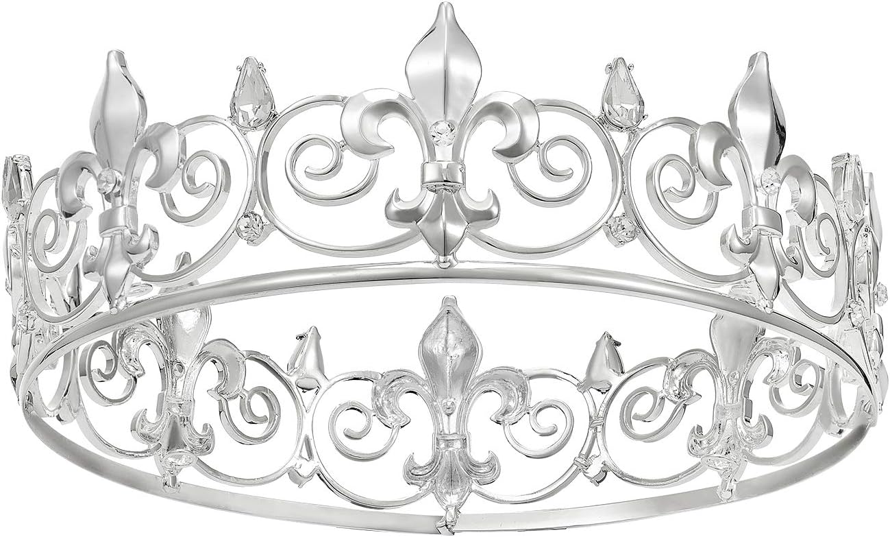 SWEETV Royal King Crown for Men/Women (Unisex) - Metal Prince Crowns and Tiaras, Full Round Birthday Party Hats, Medieval Costume Accessories for Prom Wedding Halloween, Silver