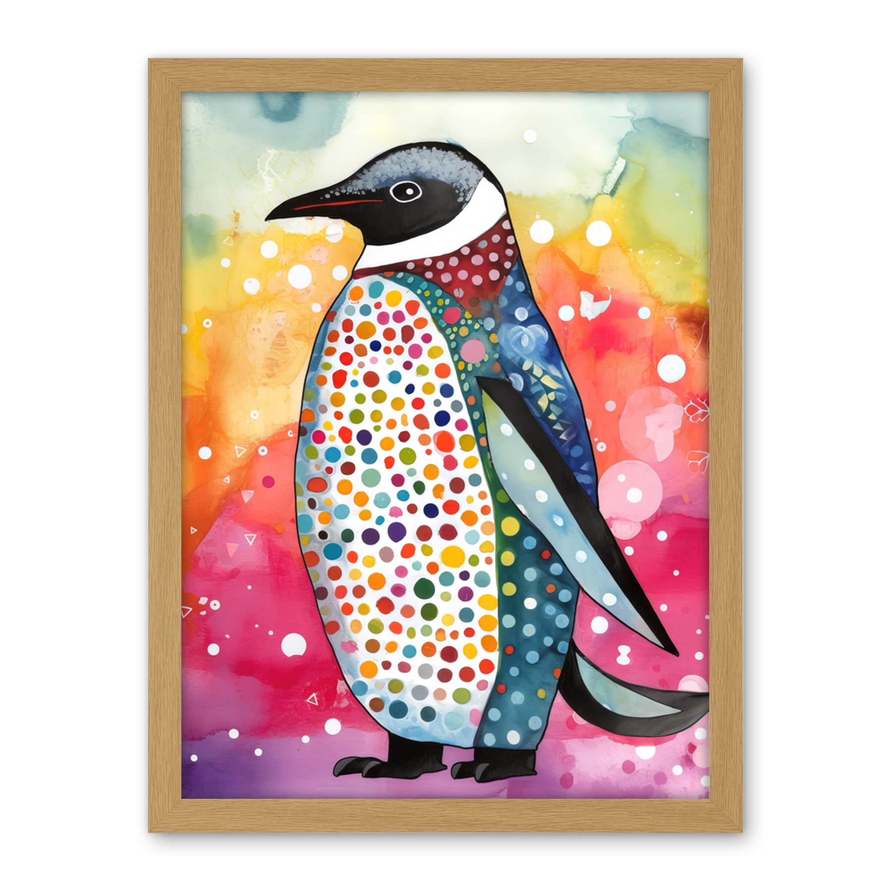 Artery8 Cute Multicoloured Spot Penguin Folk Art Artwork Framed Wall Art Print 18X24 Inch