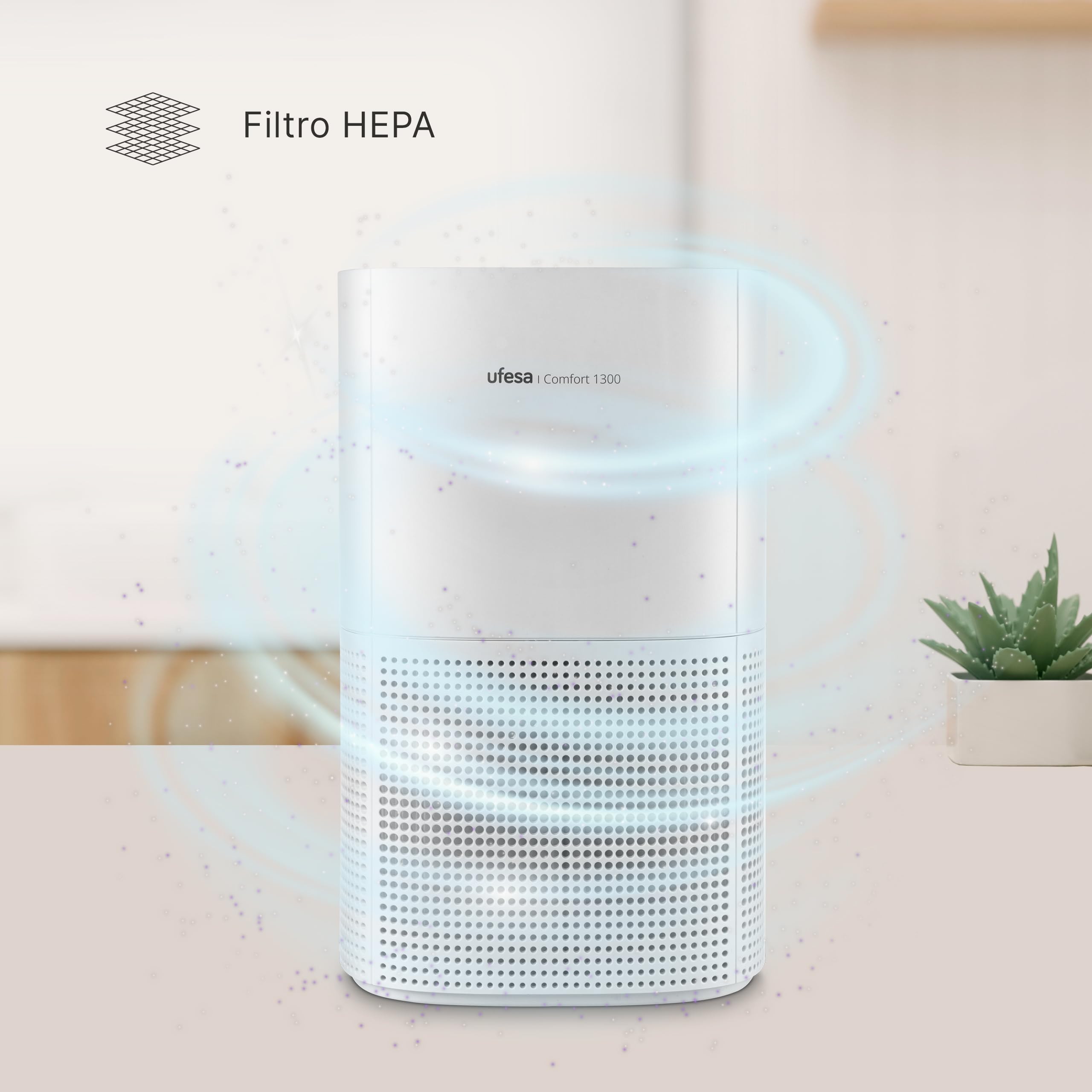 Ufesa Comfort 1300 oczyszczacz powietrza z filtrem HEPA, moc 15 W, szybkość oczyszczania powietrza CADR 130 m³/h, zasięg do 55 m², 3 prędkości, cichy ≤55 dB, biały