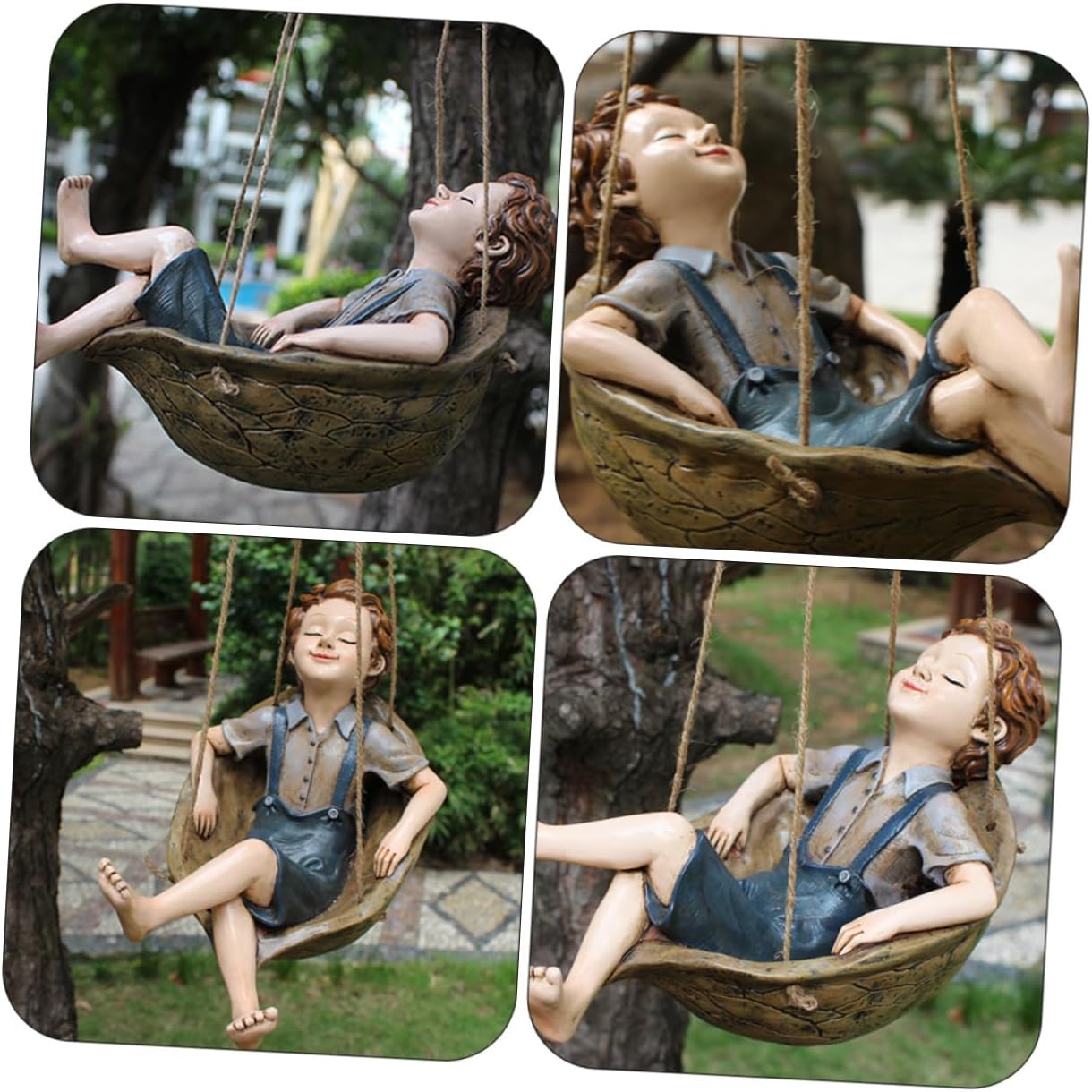 Vaguelly Resin Swing Boy Pendant Hand-Painted Walnut Ornament for Outdoor Garden Decor for Yard and Home Decoration