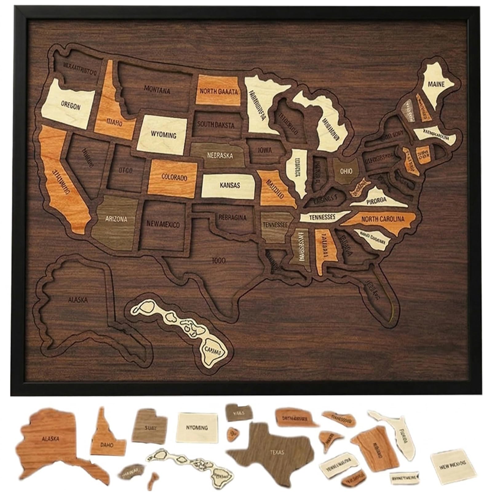 Wooden USA Travel Map Puzzle,12 X 10Inch USA 50 States Interactive Map Puzzle with Elements Sticker & Pins Jigsaw Detachable for Home Kitchen Office Couples & Families Gift