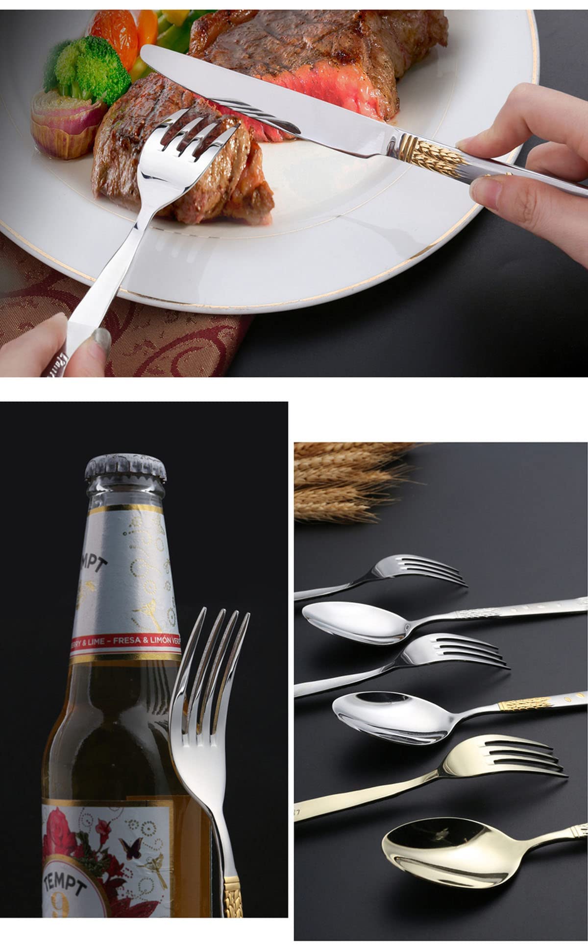 Cubiertos plateados y dorados para 24 personas, juego de 120 piezas de cuchillo, tenedor y cuchara, juego de cena Elegant Life, cubiertos aptos para lavavajillas. (Servicio de banquete para 4)