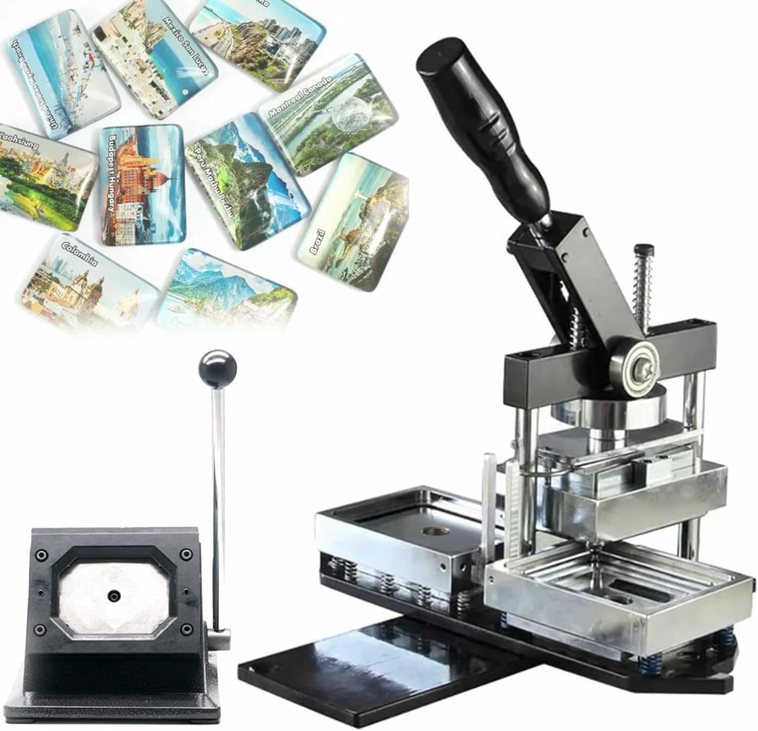 Fotomagnet-Maschinen-Verbrauchsmaterial,Quadratische magnetpresse abzeichenmaschine,Kühlschrank Badge Maker Kit + Papierschneider + 100pcs Komponente ((80 * 53mm))