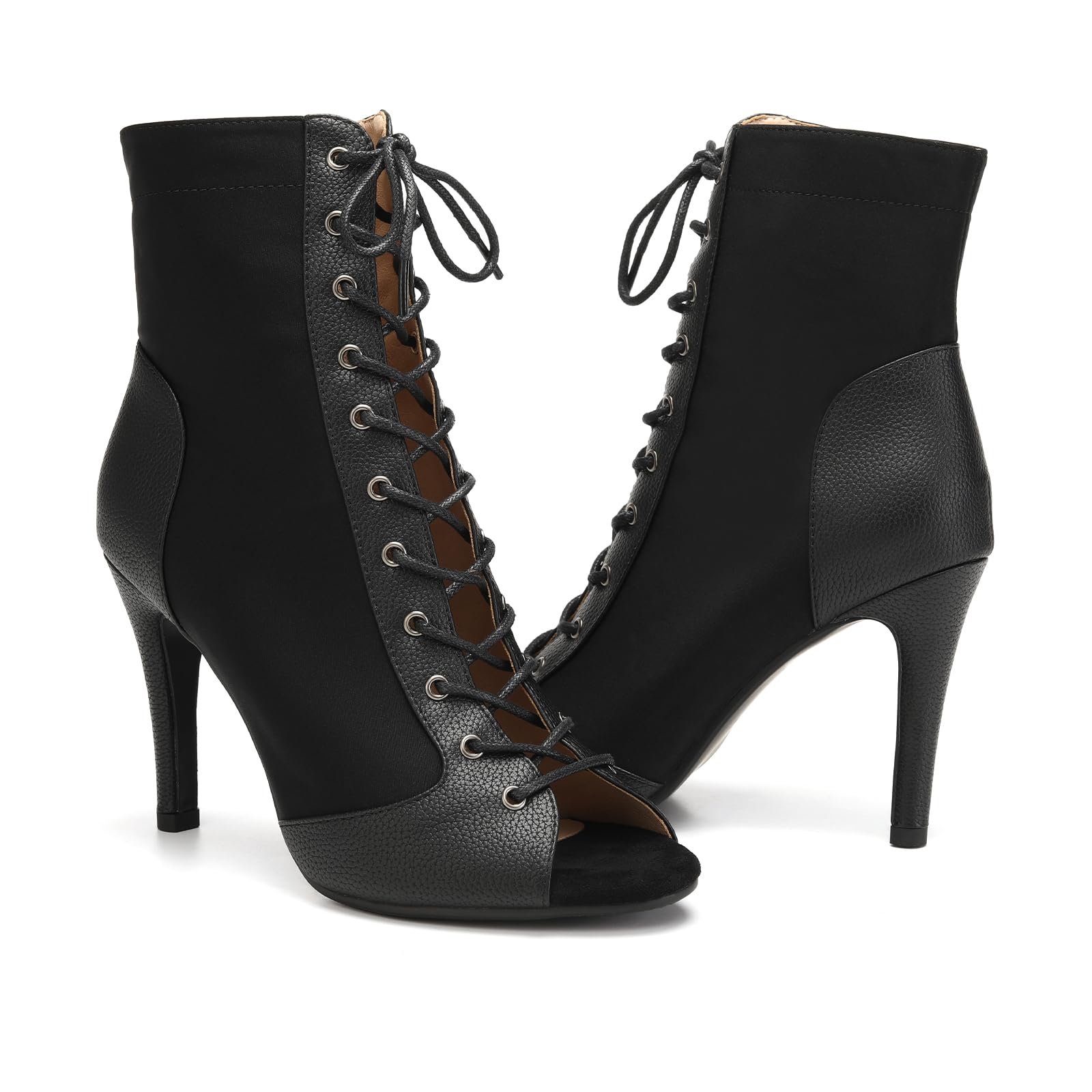 Stivali da Ballo Donna con Punta Aperta Scarpe da Ballo Professionali Jazz con Lacci Tacco Alto 9cm