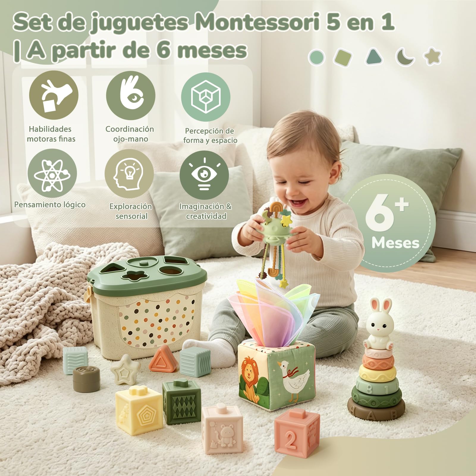 Juguetes Bebes 6 Meses, 5 en 1 Juguetes Montessori Bebes 6-12 Meses con Caja Pañuelos Bebe, Clasificación y Apilamiento de Formas, Bebe Mordedor & Educativos, Regalos Bebés Montessori 7 8 9 Meses
