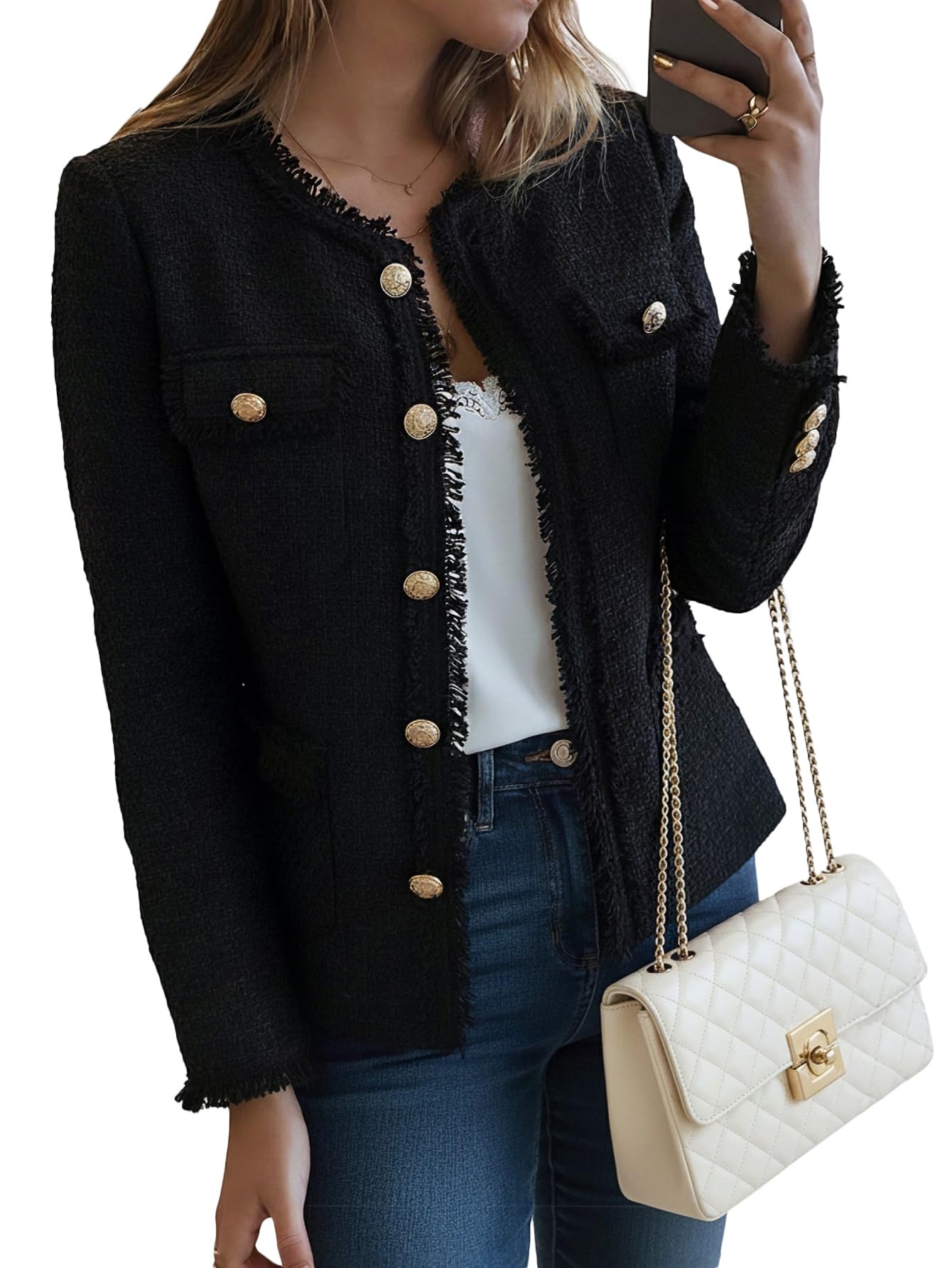 Mina Self 2025 Fall Winter Womens Tweed Blazer - Crewneck Long Sleeves Open Front Casual Trendy Blazer Jacket