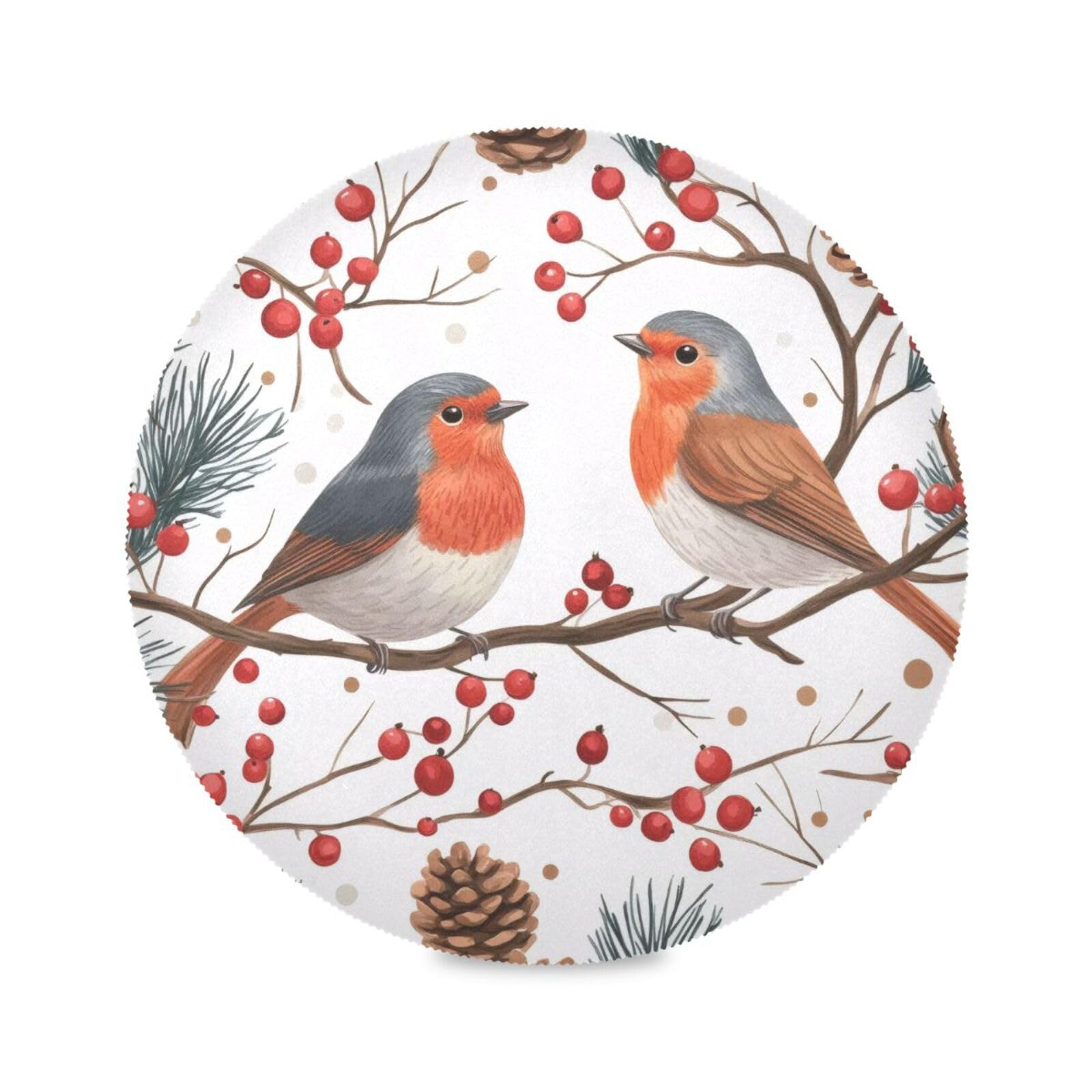 Grckit Christmas Robin Place Mats Set of 6, 15 Inch Round Placemats Washable Non-Slip Table Mats for Kitchen Dining