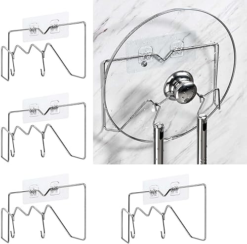 ZOURYNUA Paquete de 4 estantes organizadores de tapas de ollas, soporte para tapa de sartén, sin perforación, adhesivo para tapa de olla para puerta