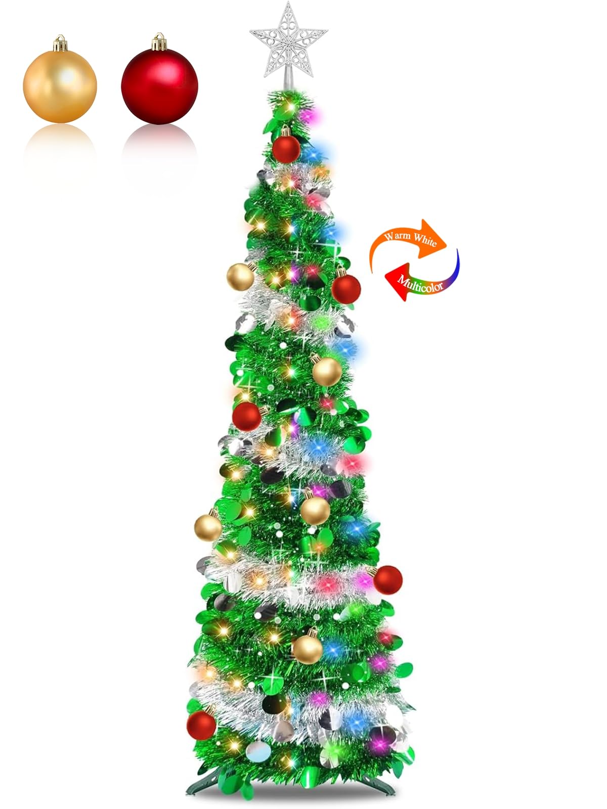 Dual Color Switch&Timer 5 Ft Pop Up Christmas Tree,Tinsel Christmas Tree 50 Warm White&Color Lights 8 Mode Balls 3D Star Sequins Pencil 1 Minute Collapsible Christmas Tree Xmas Office Home Decor