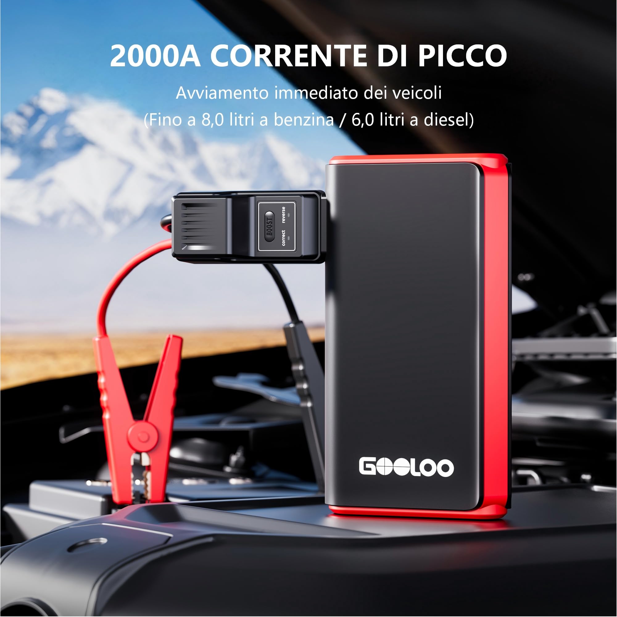 GOOLOO Avviatore di emergenza GE2000 2000A con morsetti in metallo intelligenti e ricarica rapida | 8L Gas / 6L Diesel compatibile, USB-A Fast Charging Port, Luce di emergenza LED, 12 V batteria auto Booster per auto e SUV