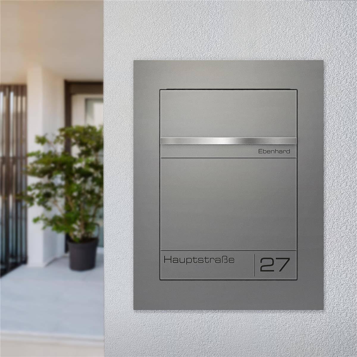Metzler Cassetta postale da incasso grigio alluminio RAL 9007 – acciaio verniciato a polvere con targhetta nome in acciaio inox incisa – impermeabile, design a filo muro formato DIN A4