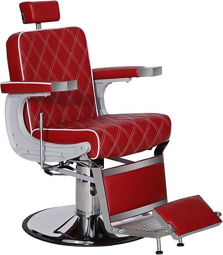 BarberPub Silla de peluquería vintage de metal resistente, hidráulica, reclinable, salón de belleza, spa, equipo de champú 3825 (rojo con costuras