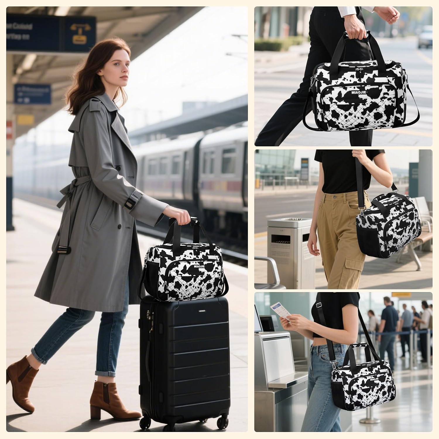 Travel Duffle Bag for Women, Underseat Carry On luggage Bag Foldable Overnight Weekender Hospital Bag Lightweight Airplanes Personal Item Travel Tote Bag for Women Birthday Gifts, 16IN Cow Print