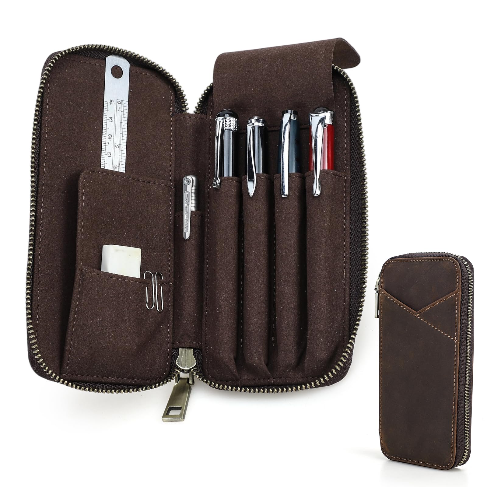 Contact's family Crazy Horse Leather Multi Stationery Pouch - Hand Sewing Craftsmanship Small Leather Pencil Case 4 Pen Holder Pencil Lead Holder with ID Pocket : Office Products